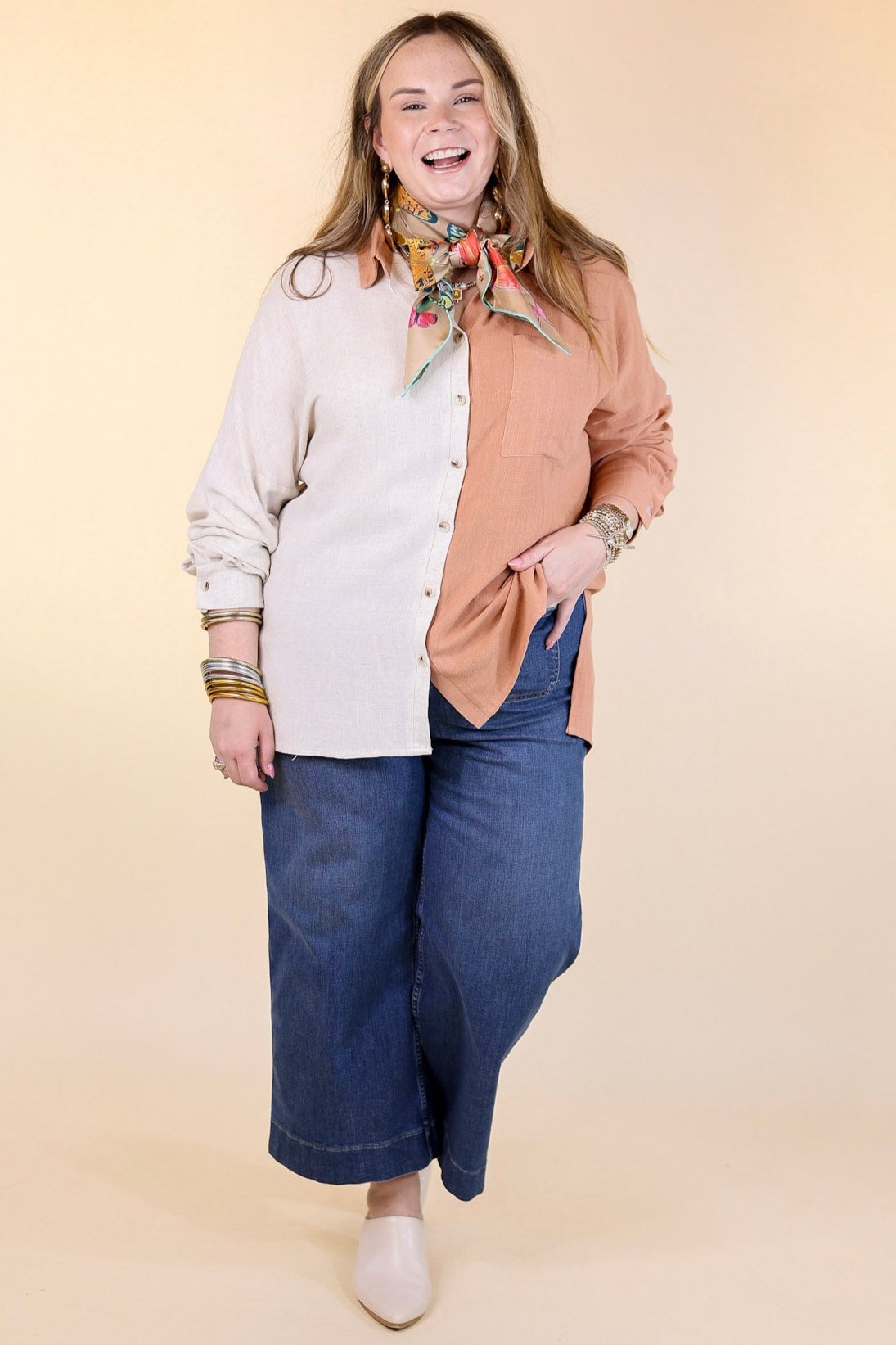 Premium Terracotta Color Block Button-Up Top