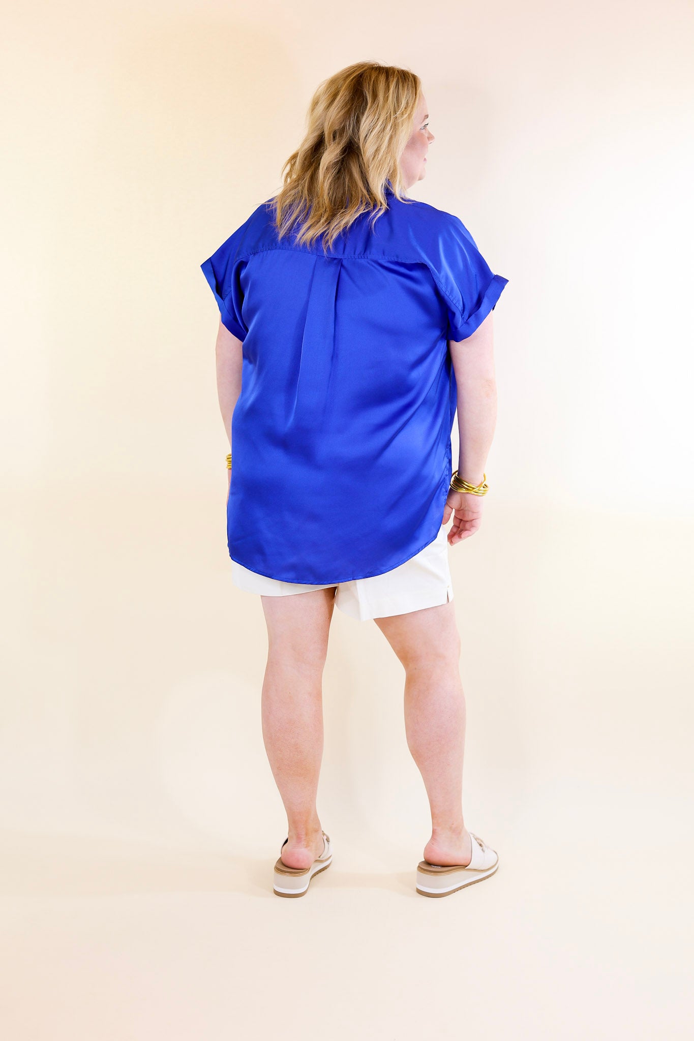 Premium Royal Blue Satin Button-Up Top - Free To Be Fab Collection