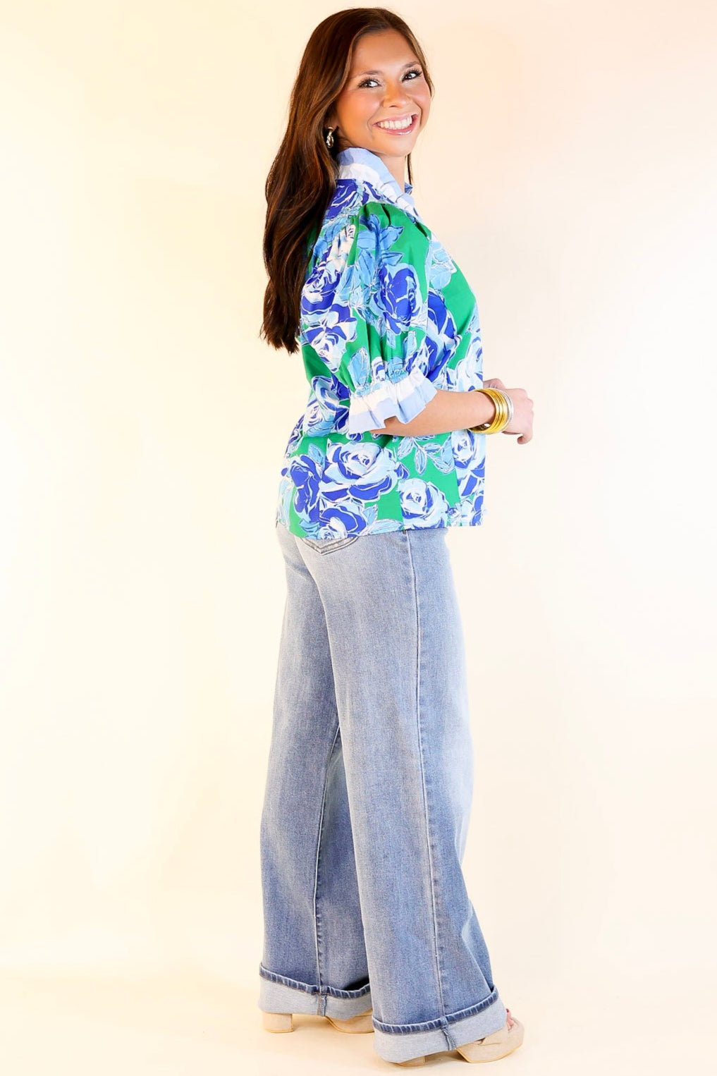 Premium Floral Ruffled V-Neck Top - Green & Blue Elegance
