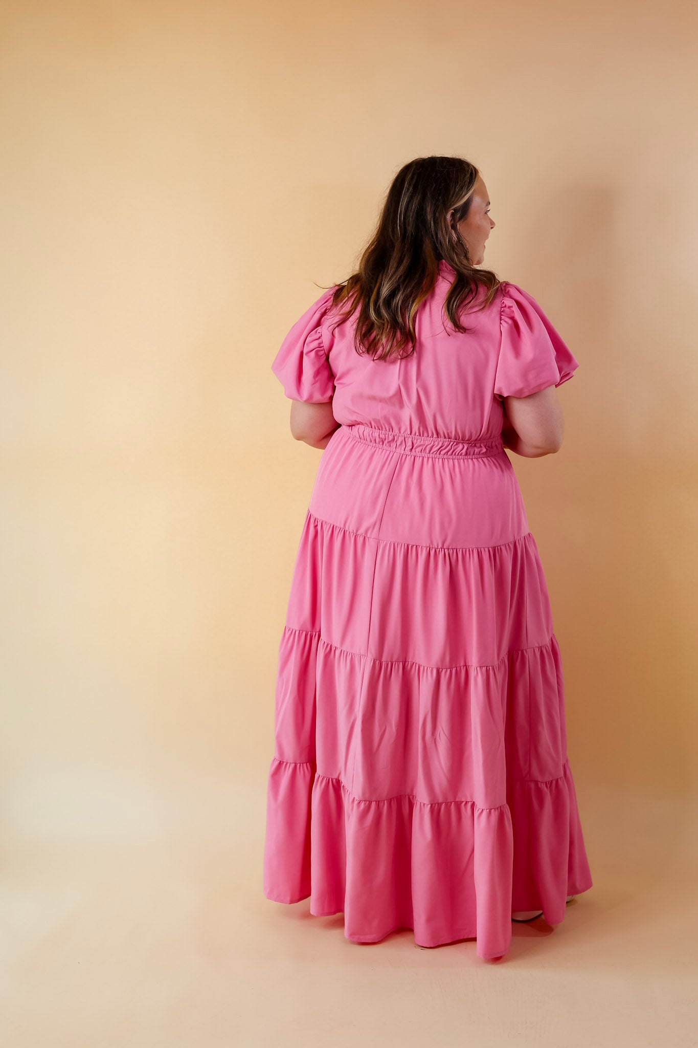 Premium 'Table for Two' Maxi Dress - Bubblegum Pink with Puff Sleeves