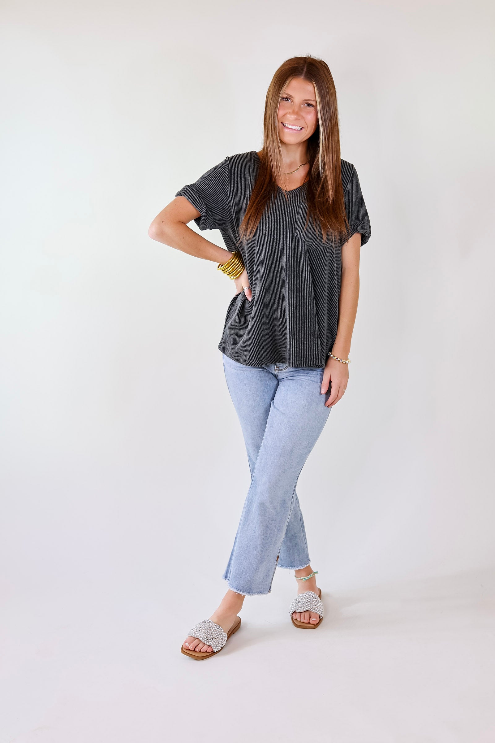 Premium True Love Ribbed Short Sleeve Top with Front Pocket - Charcoal Black