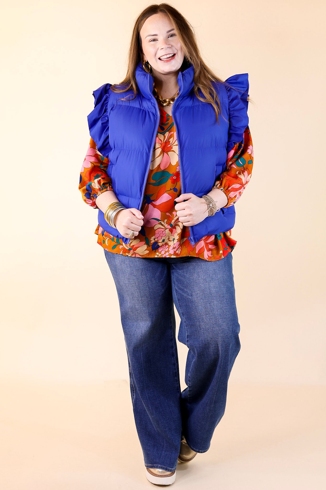 Premium All-Season Ruffle Sleeve Puffer Vest - Royal Blue