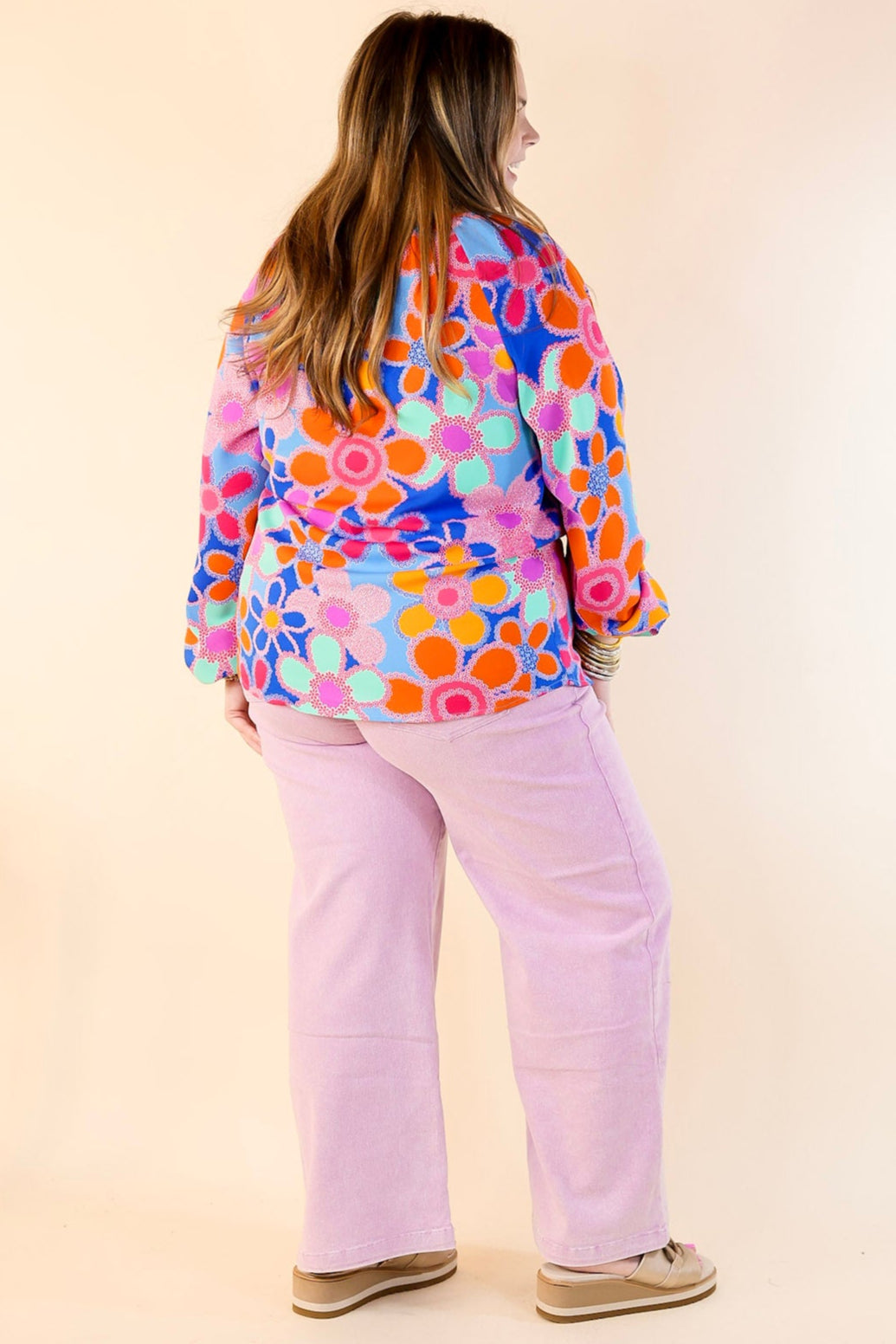 Premium Floral Print Blouse with Notched Neckline - Blue