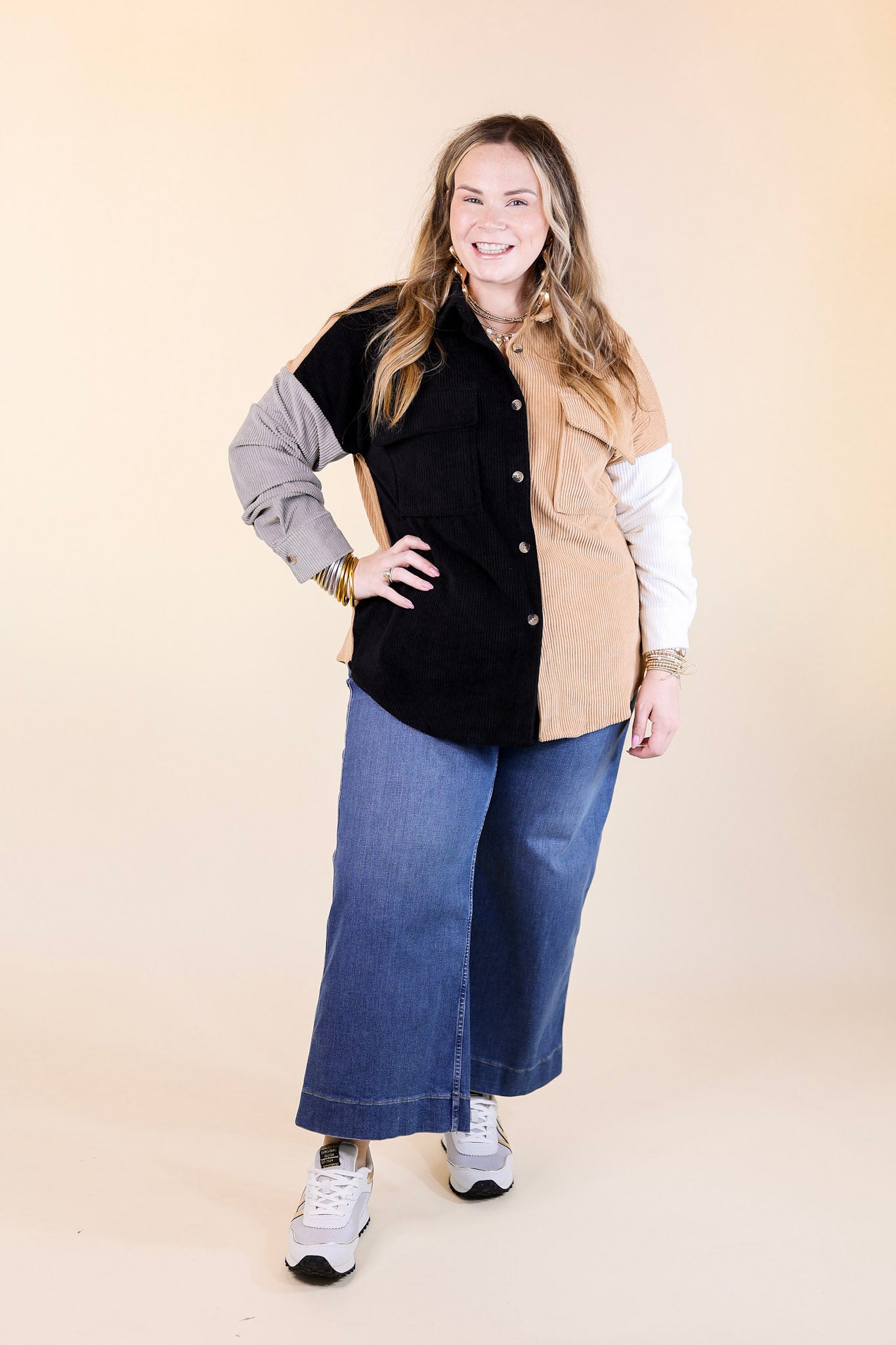 Premium Corduroy Shacket - Black & Tan Color Block Style