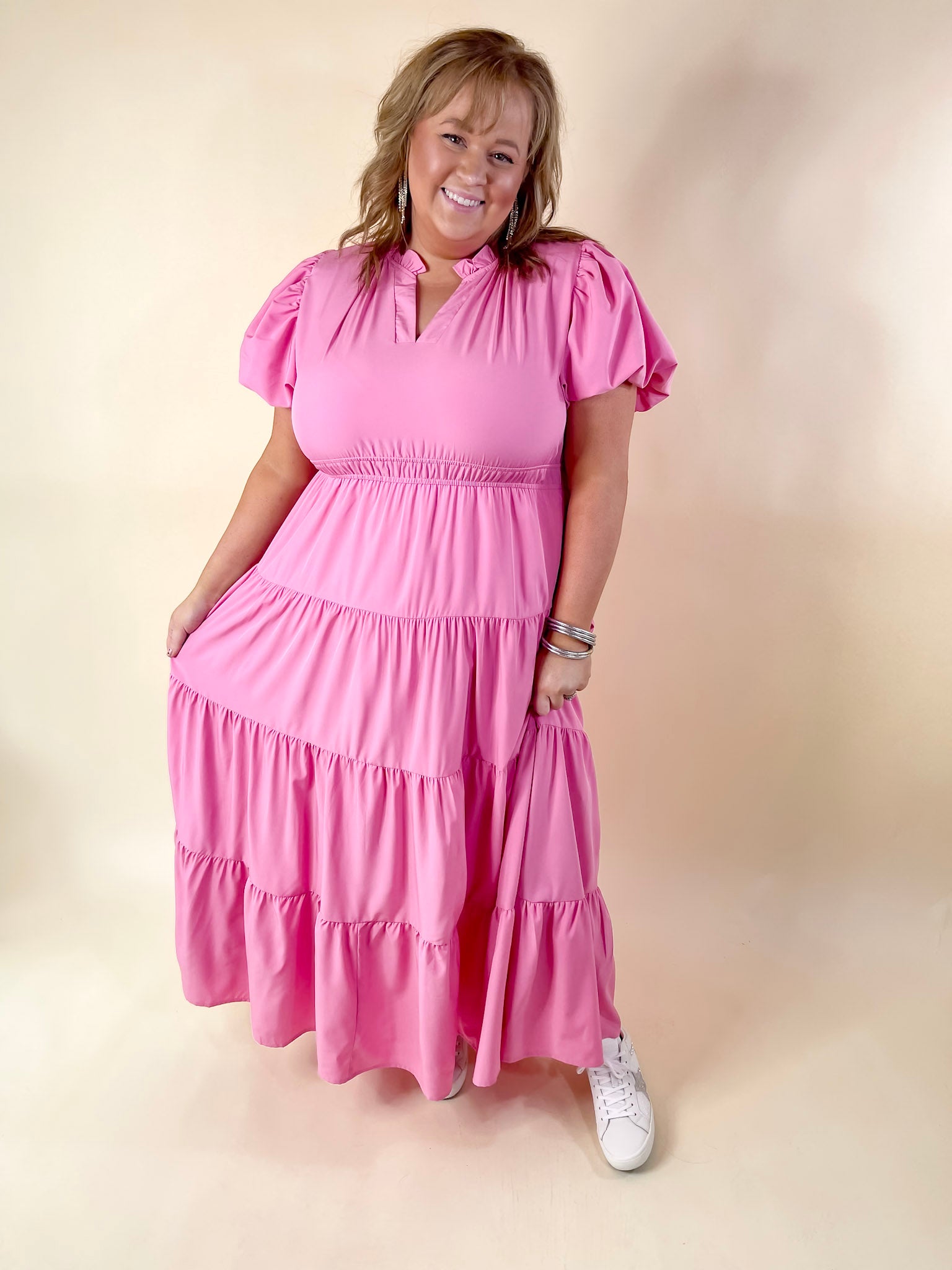 Premium 'Table for Two' Maxi Dress - Bubblegum Pink with Puff Sleeves