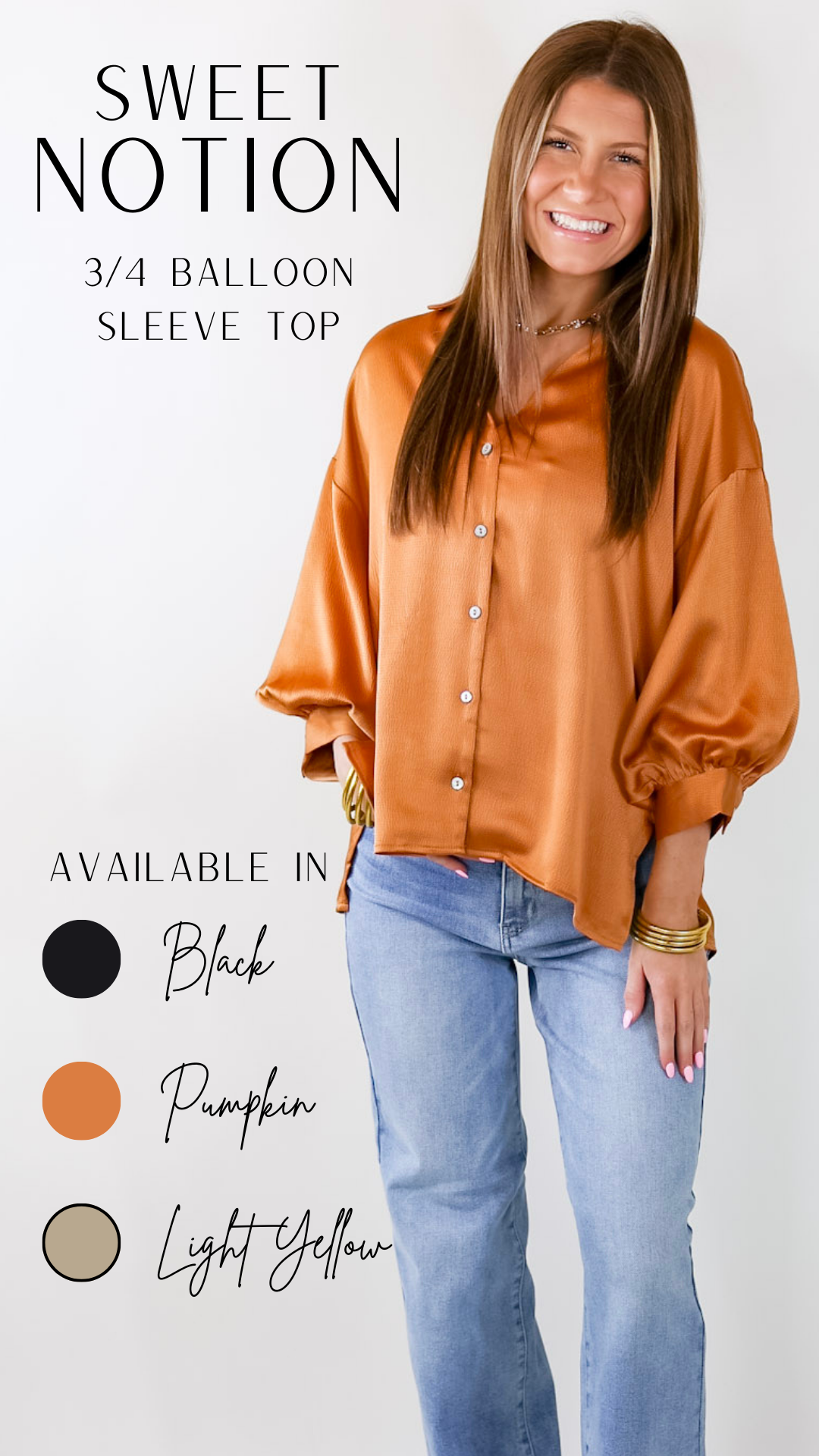 Premium Sweet Notion Button-Up Top with Balloon Sleeves in Pumpkin Orange