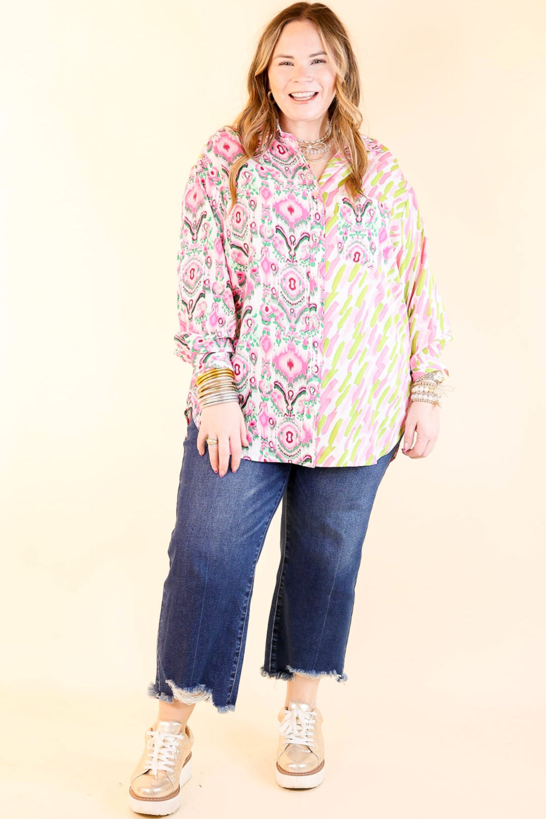 Premium Mosaic Stripe Button-Up Top in Green & Pink