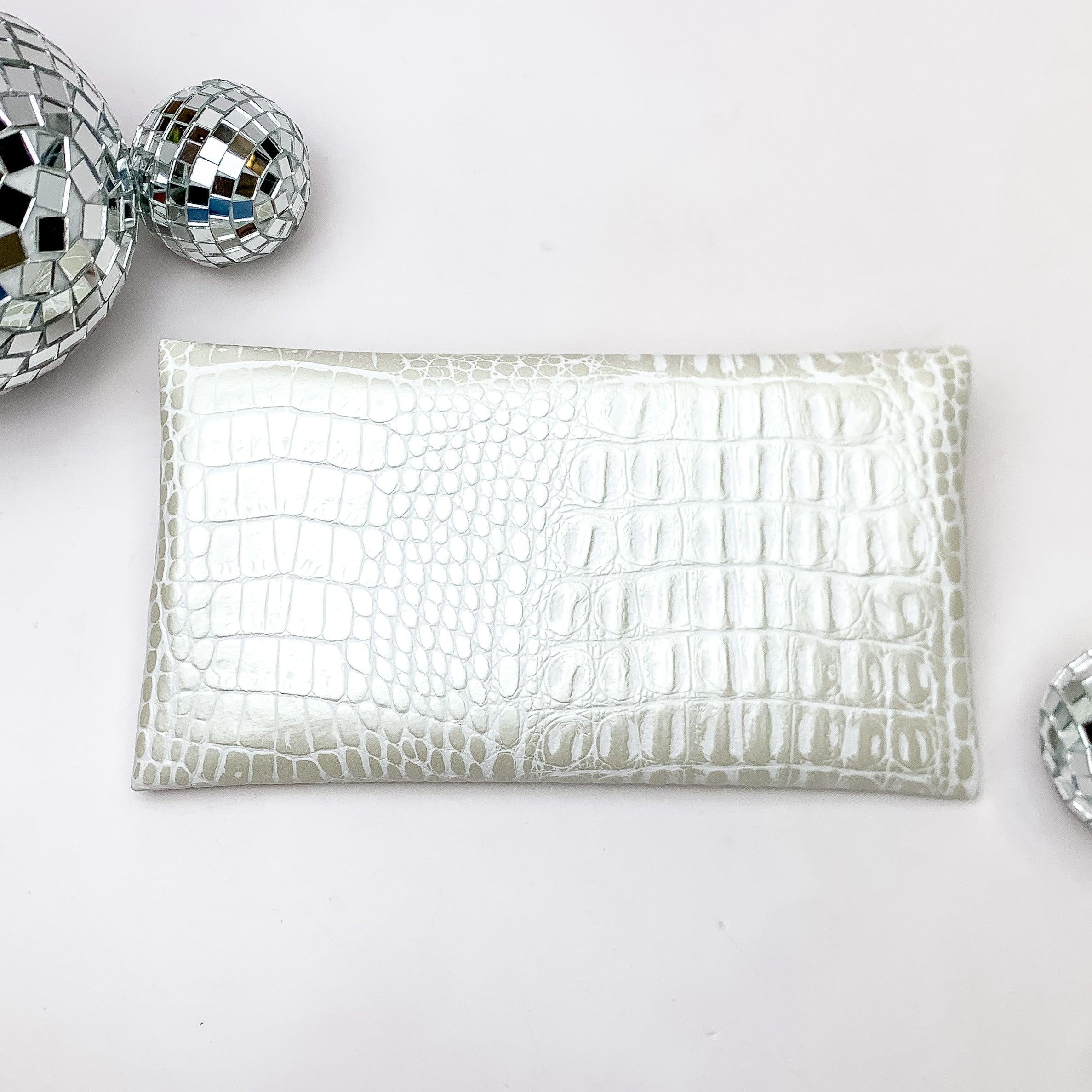 Premium Makeup Junkie | Mini Shade of Pearl Lay Flat Bag in Luxe Pearl White Croc Print