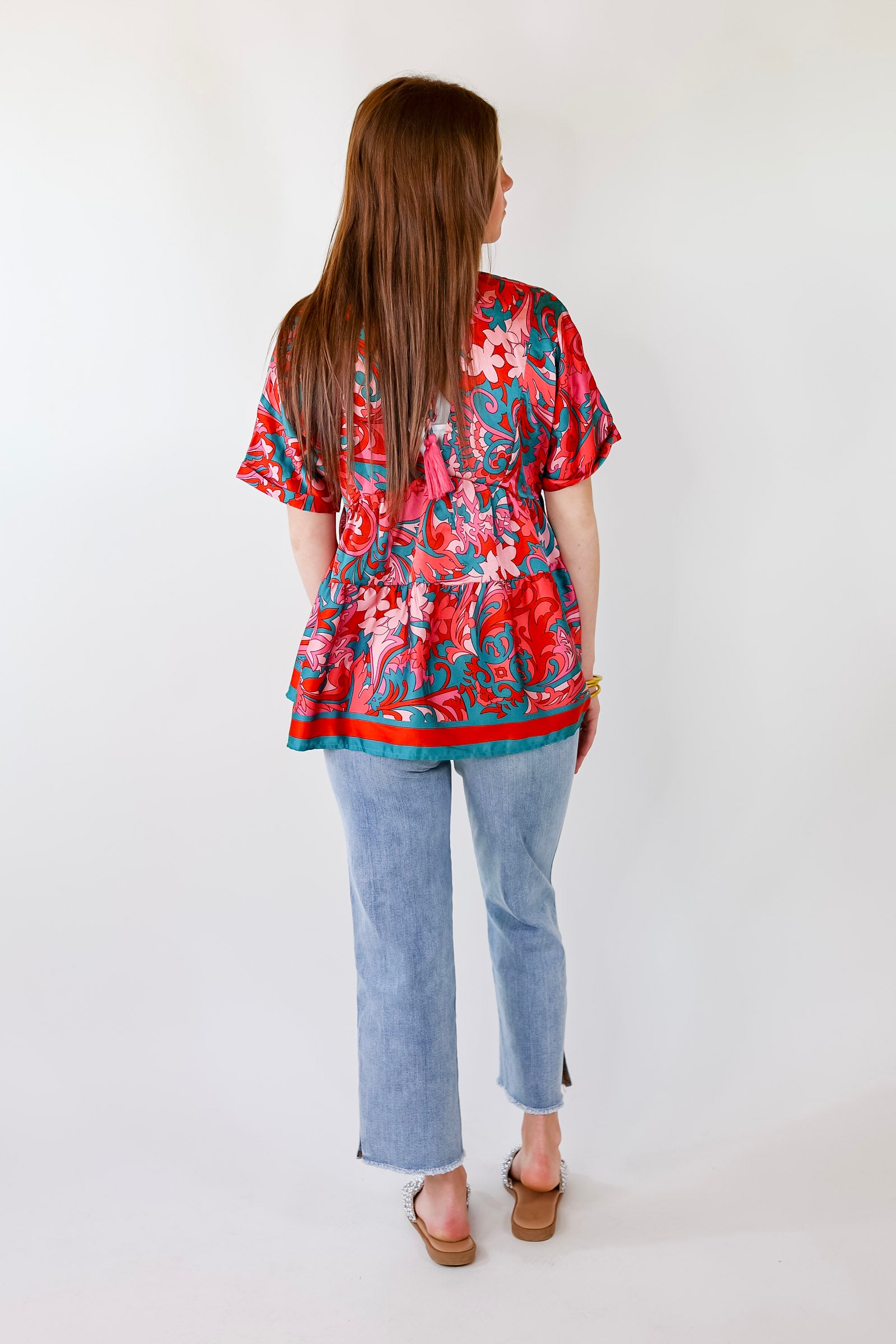 Premium Merlot Baroque Print V-Neck Top - Stylish Pink & Teal Design