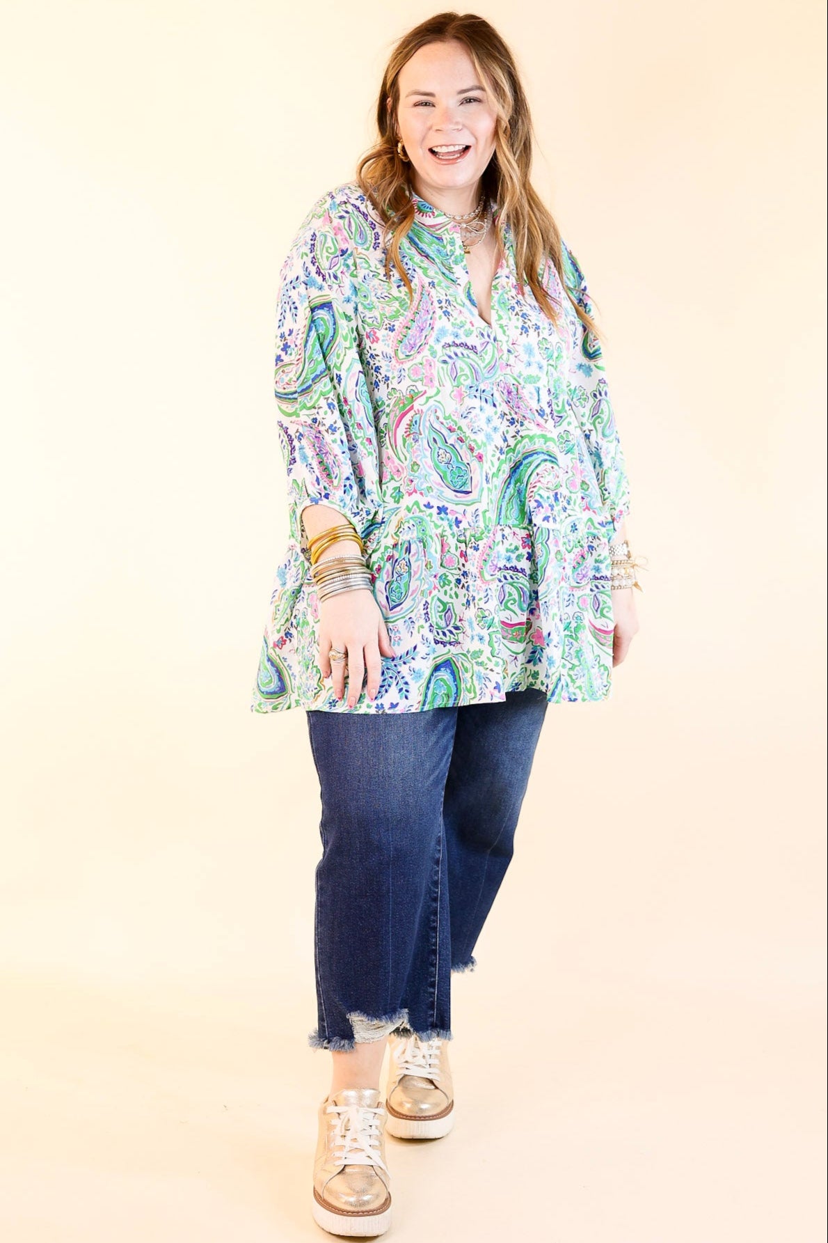 Premium Meadow Melody Paisley Babydoll Top - Green Mix | Ultimate Comfort & Style