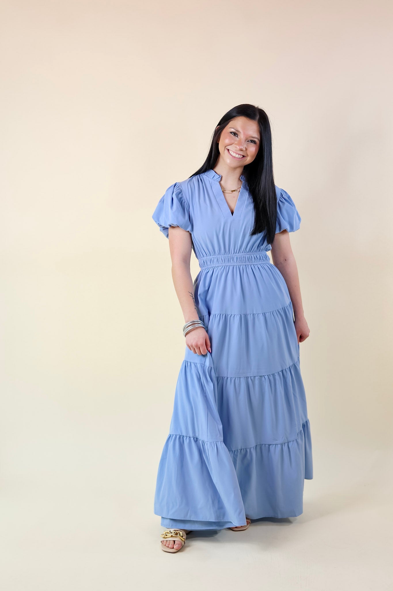 Ultimate 'Table for Two' Tiered Maxi Dress - Chambray Blue with Puff Sleeves