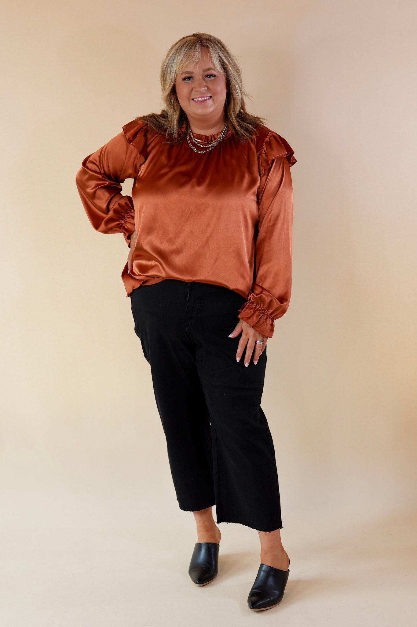 Ultimate Elegance Ruffle Mock Neck Satin Blouse - Rust Brown