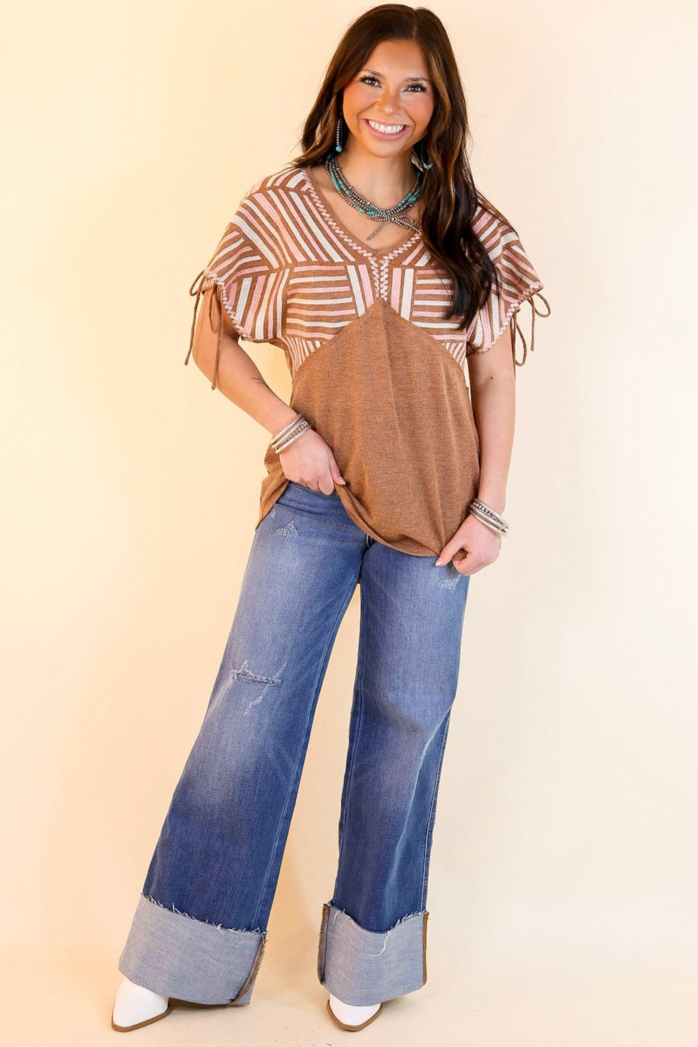 Premium Desert Vibes Embroidered Top with Sleeve Ties - Pink, Ivory & Brown