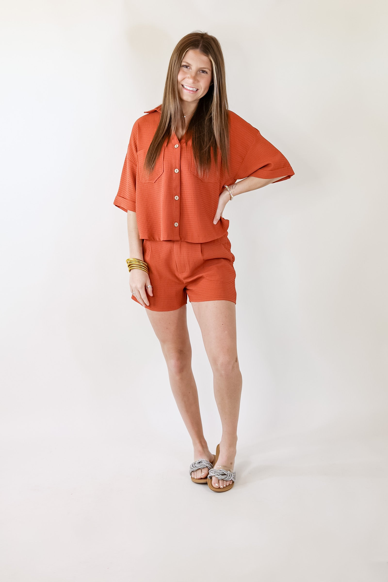 Premium Waffle Weave Button-Up Top in Spice Brown | Ultimate Comfort & Style