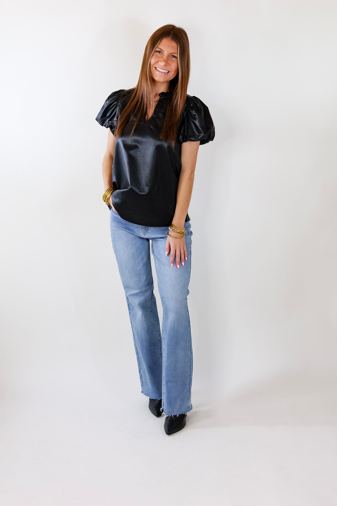 Premium Replay The Night Faux Leather Top - Black with Balloon Sleeves