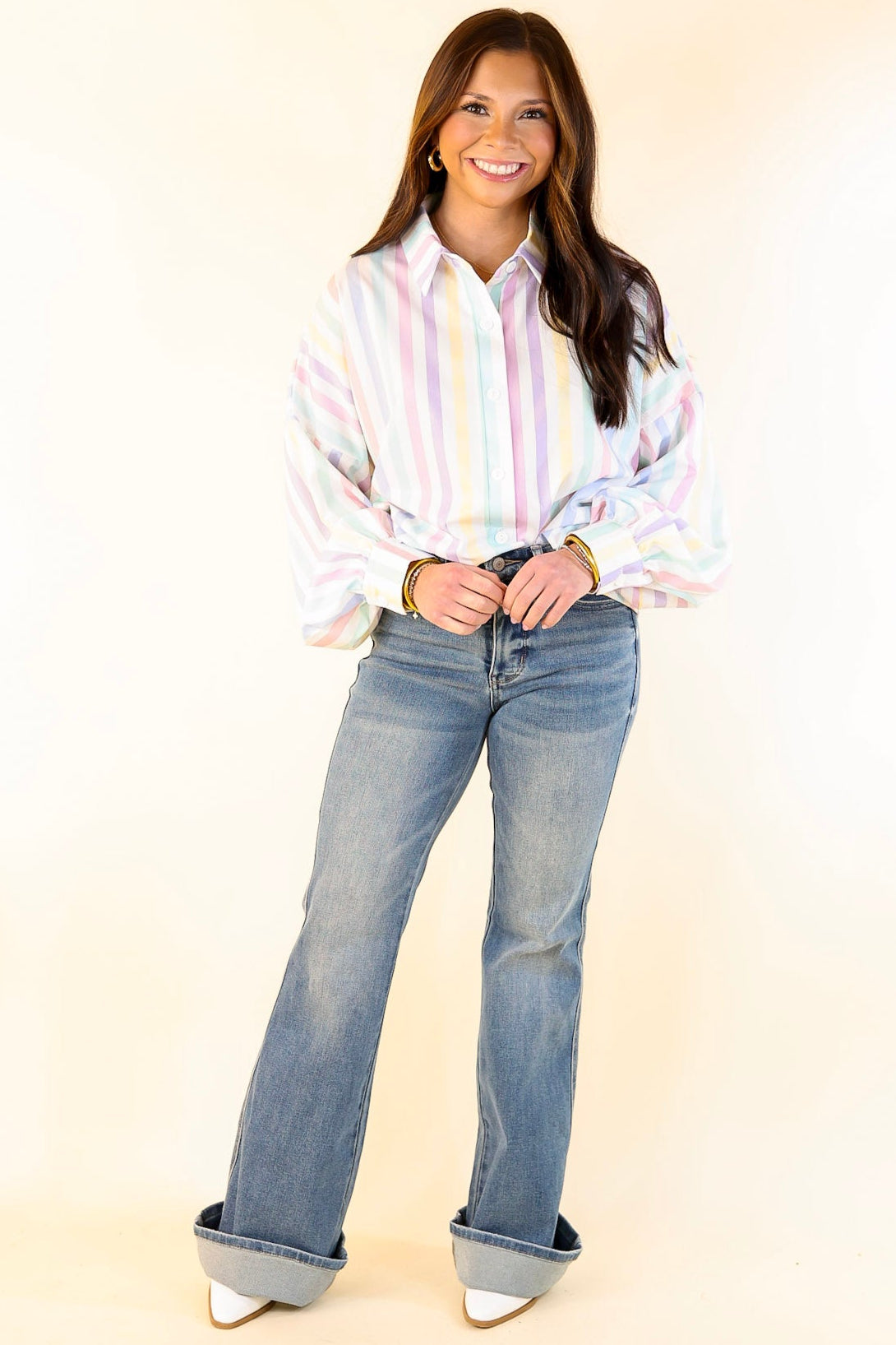 Ultimate Cowgirl Chic Button-Up Striped Blouse in Pastel White