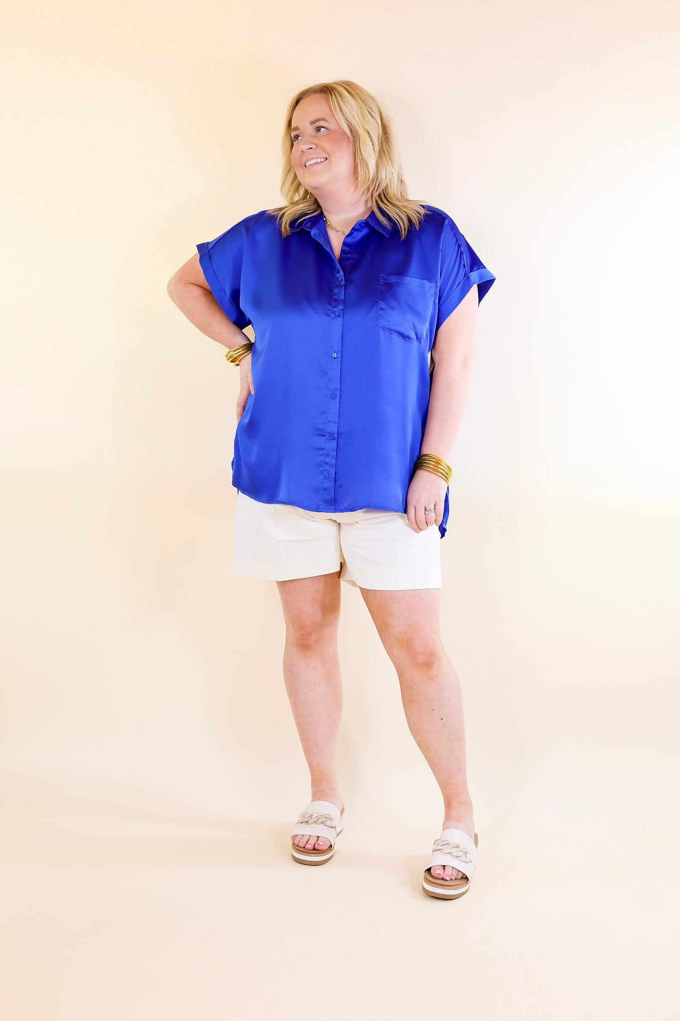 Premium Royal Blue Satin Button-Up Top - Free To Be Fab Collection
