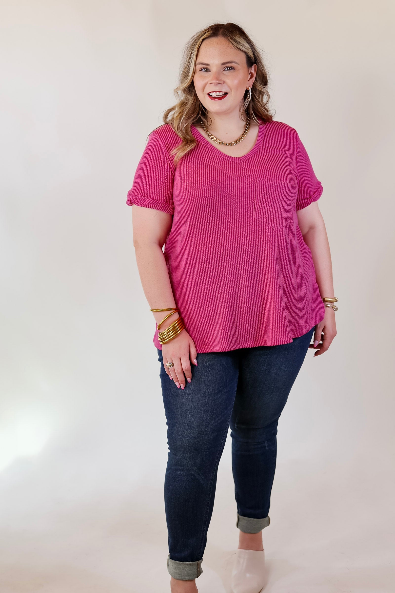 Ultimate Comfort Ribbed Short Sleeve Top with Front Pocket - Orchid Pink
