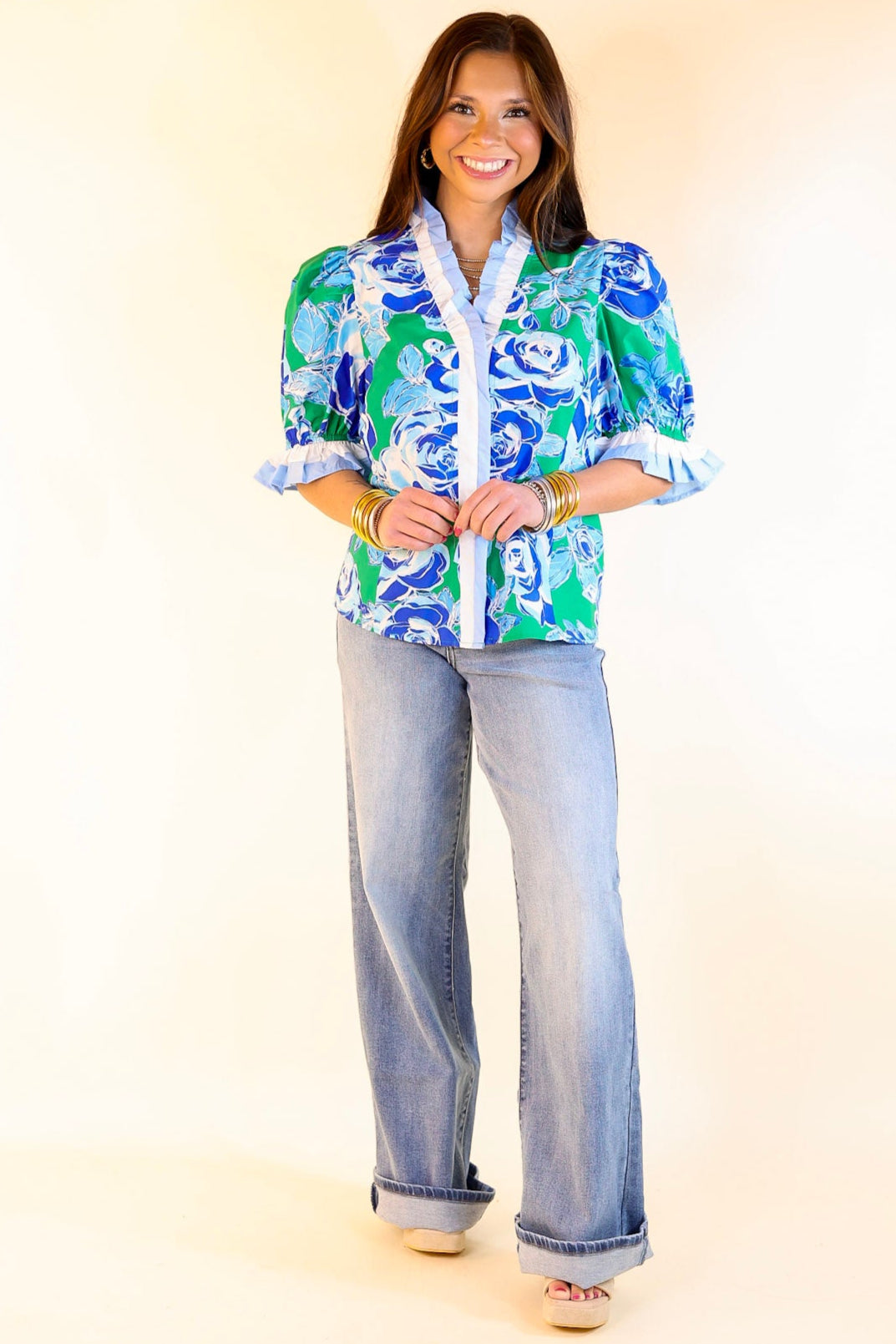 Premium Floral Ruffled V-Neck Top - Green & Blue Elegance