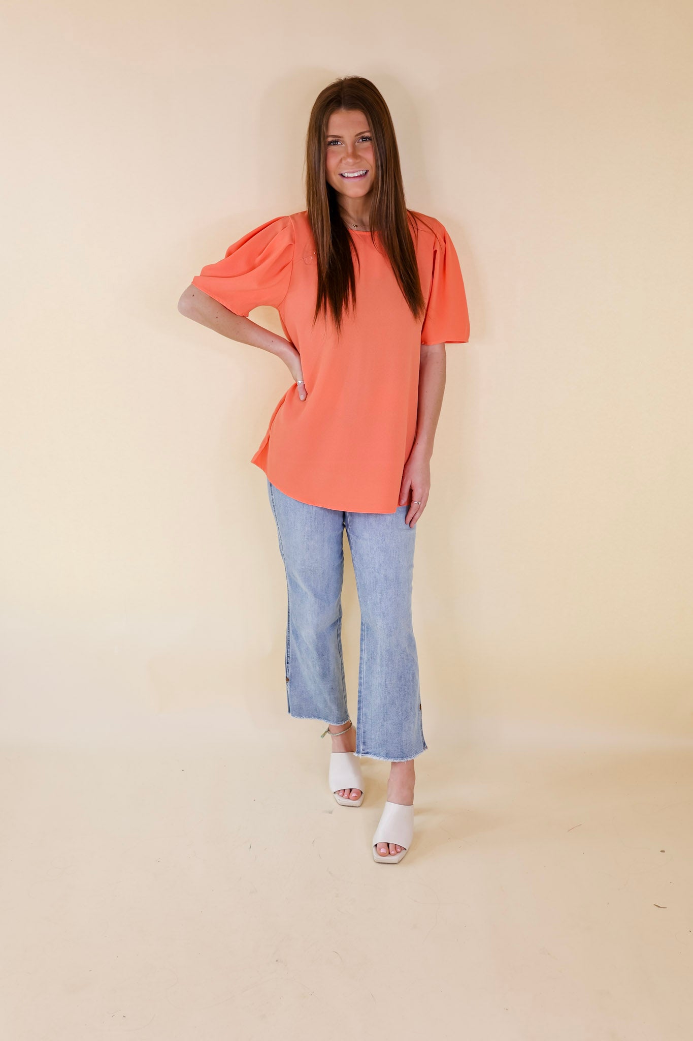 Premium Coral Orange Pleated Short Sleeve Top - Share The Love Collection