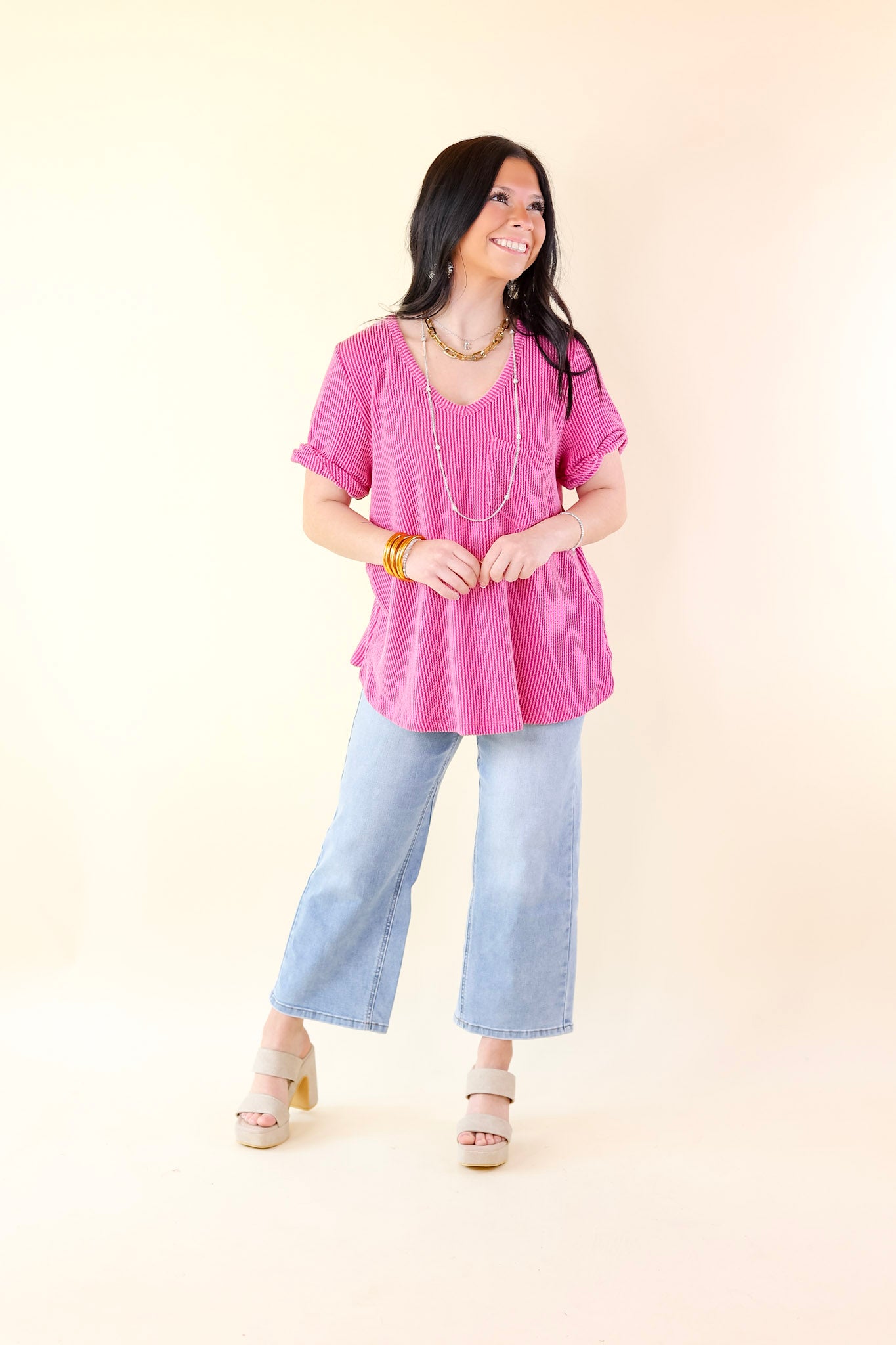 Ultimate Comfort Ribbed Short Sleeve Top with Front Pocket - Orchid Pink