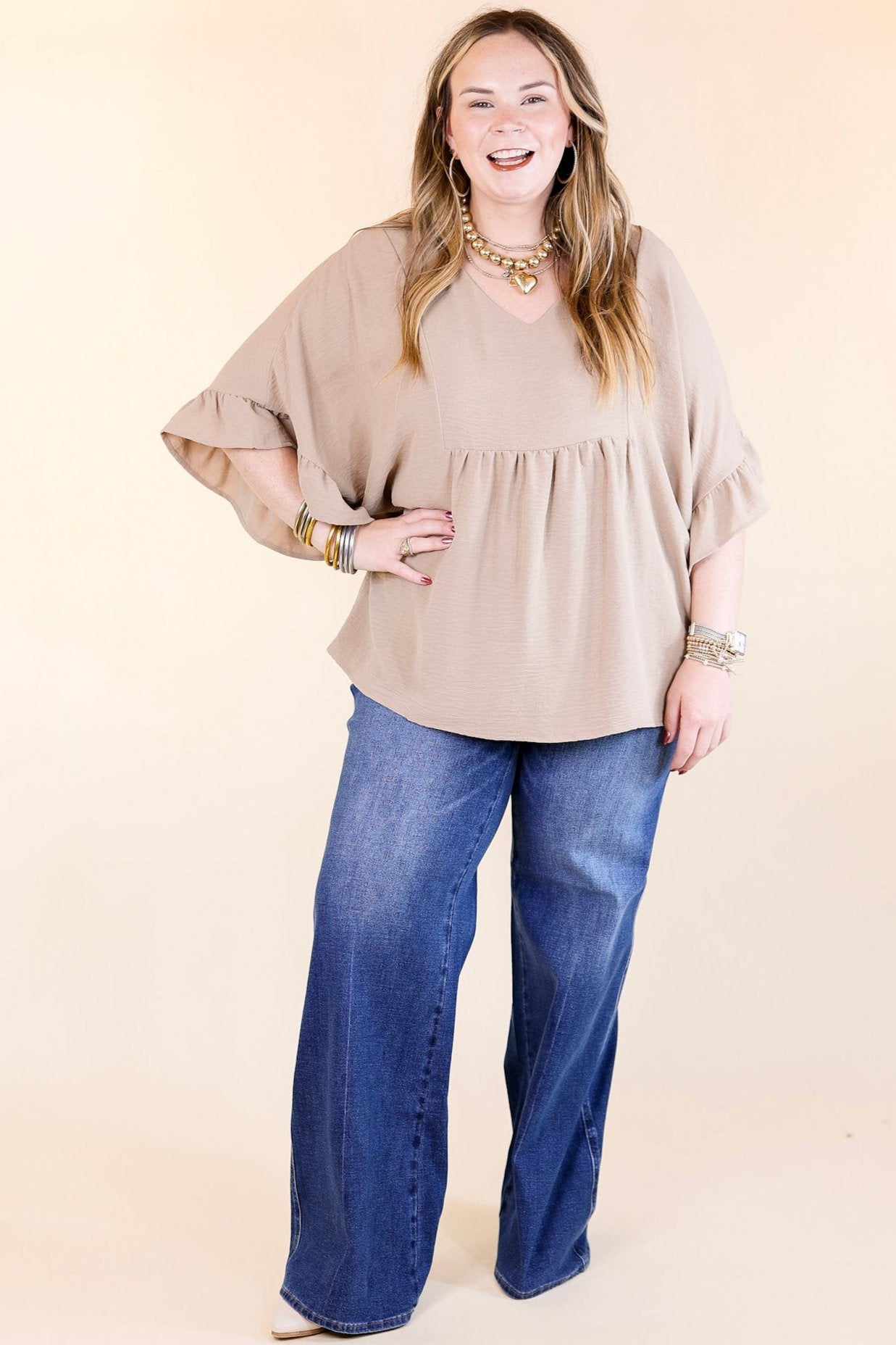 Premium Chic Cascades Tiered V-Neck Ruffle Sleeve Top in Taupe