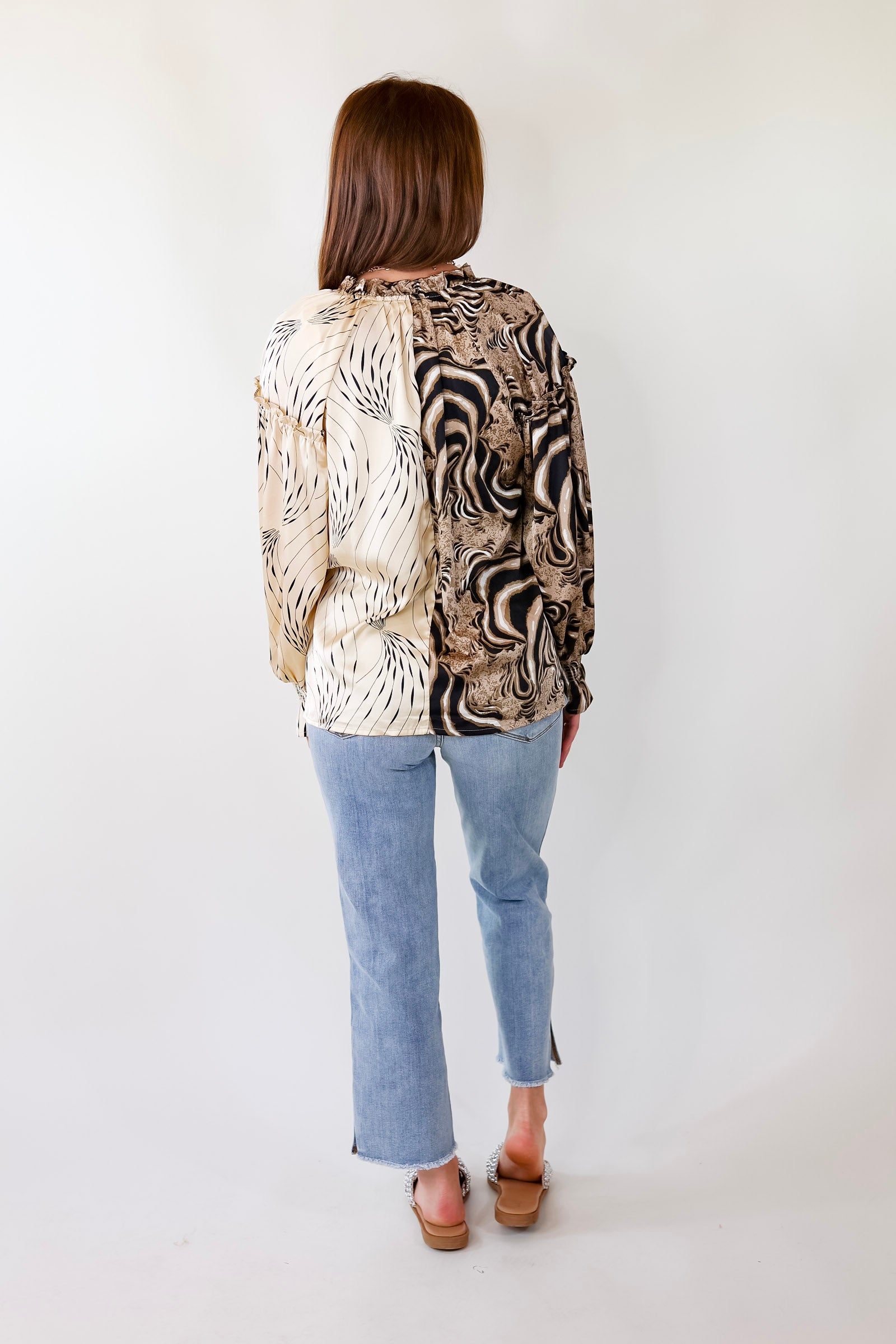 Ultimate Swirl Mix Print Satin Blouse - Ivory, Black, Tan