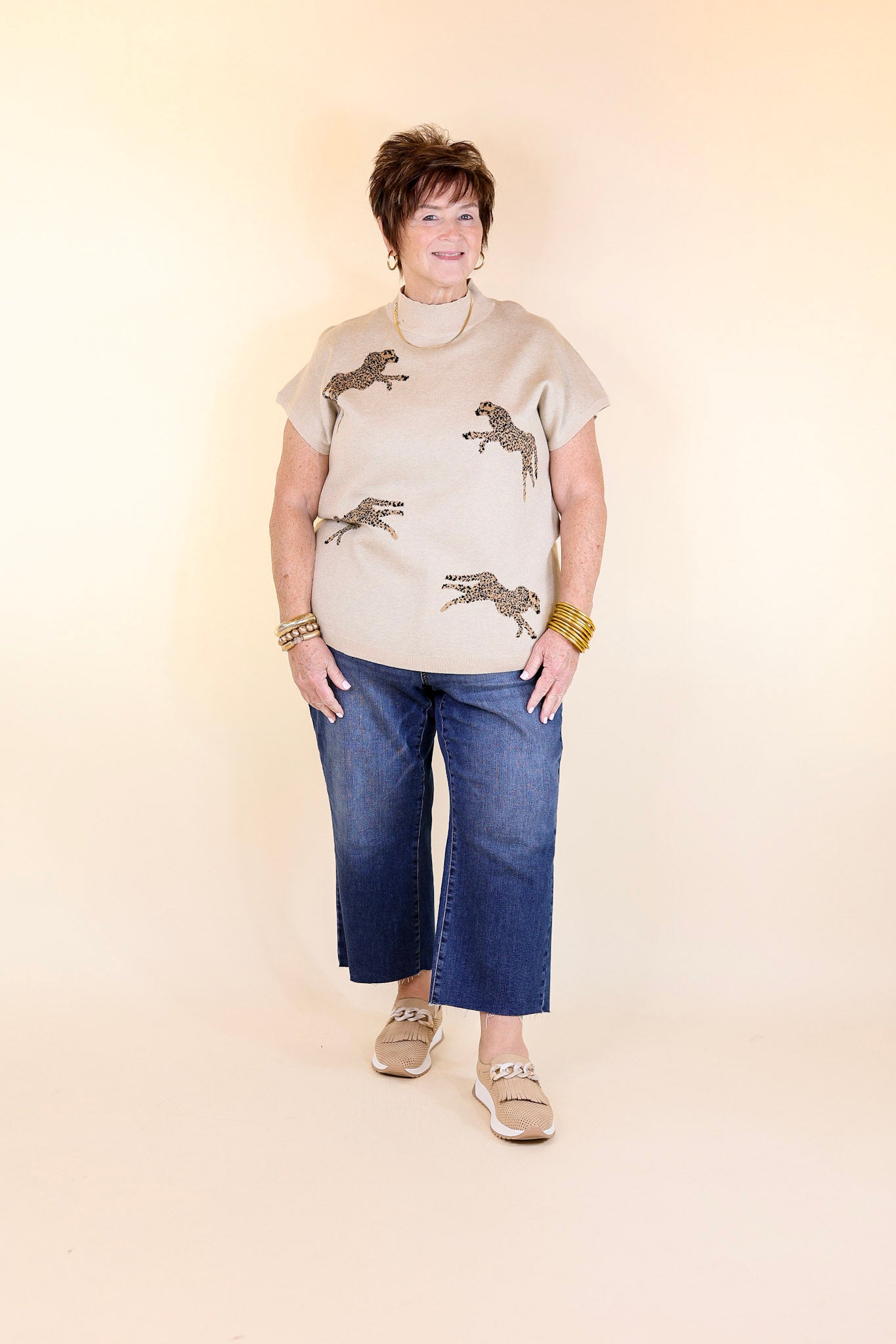 Premium Elegance Cheetah Print Sweater Top in Oatmeal Beige