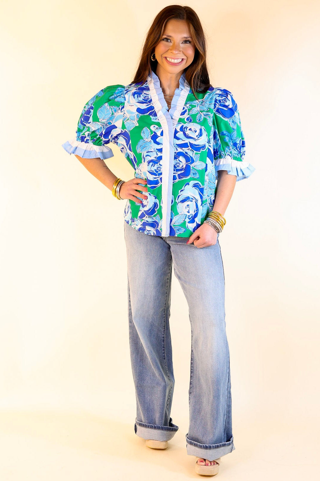 Premium Floral Ruffled V-Neck Top - Green & Blue Elegance