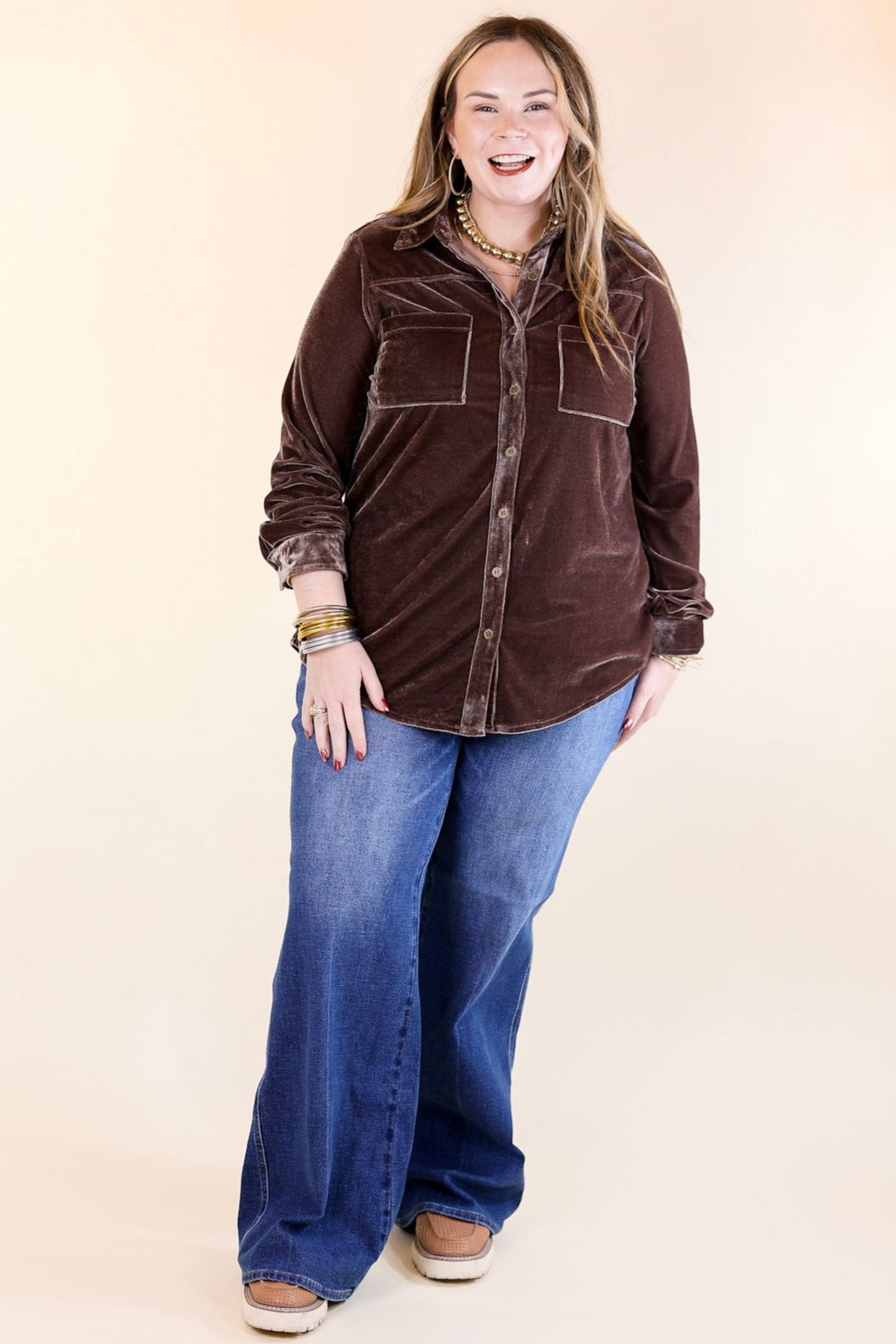 Premium Velvet Button-Up Blouse in Almond Brown | Elegant Evening Wear