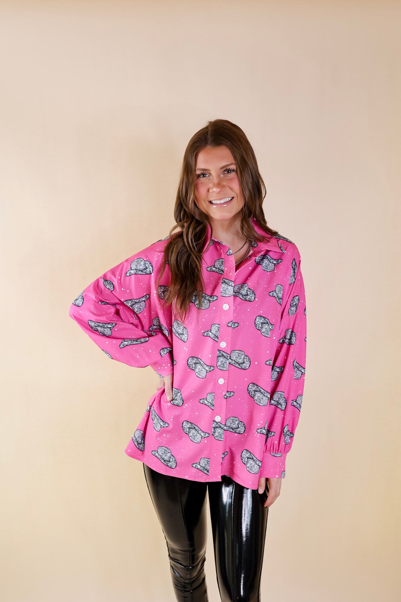 Premium Disco Cowboy Hat Print Button-Up Top - Pink