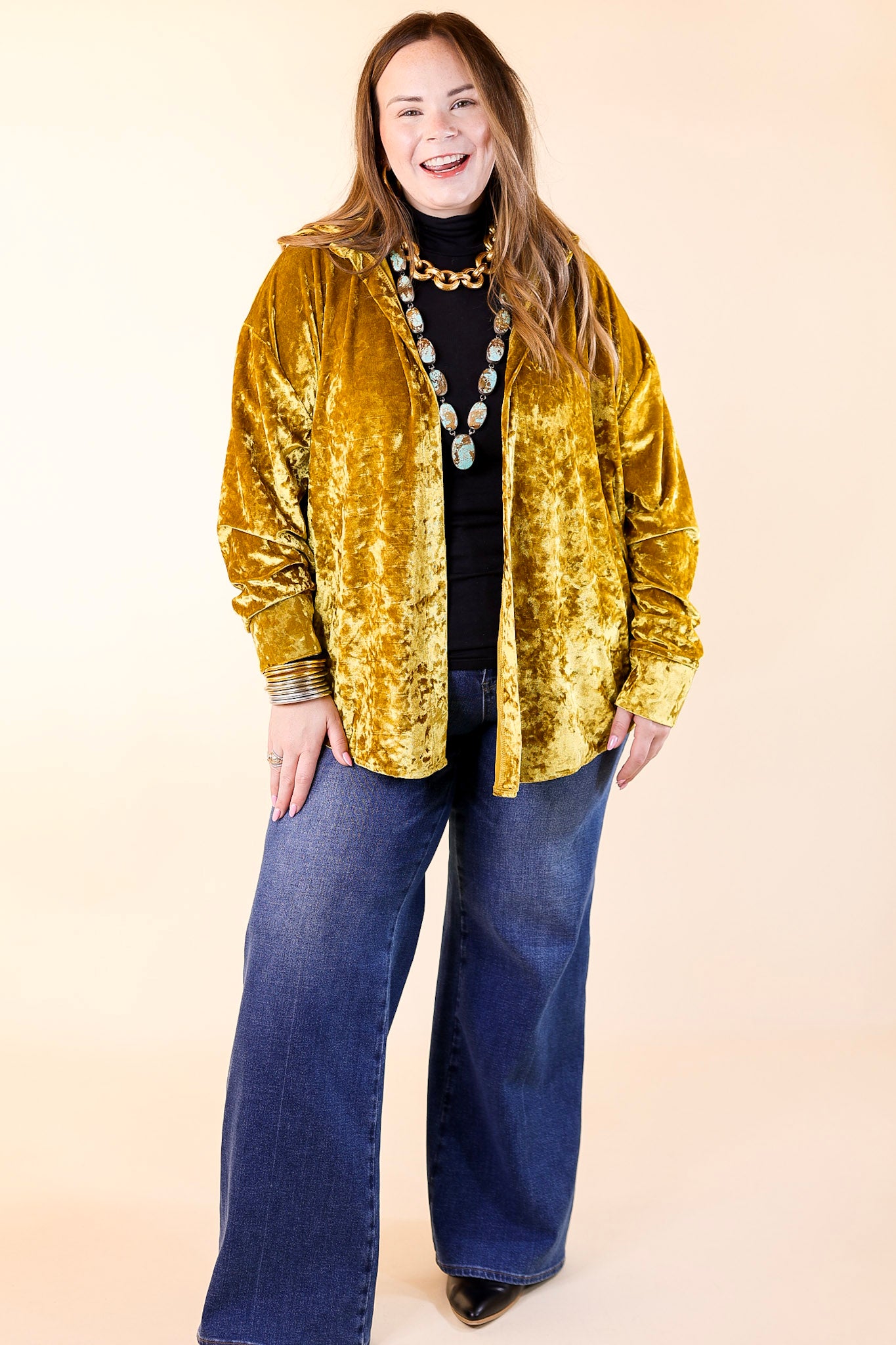 Premium Velvet Long Sleeve Button-Up Blouse in Mustard Yellow