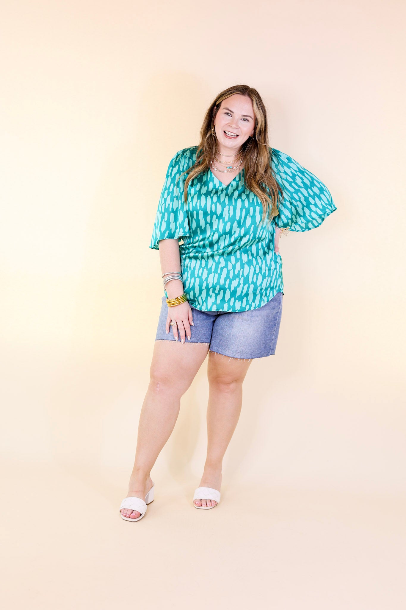 Premium Satin Dotted V-Neck Blouse - Teal Mix