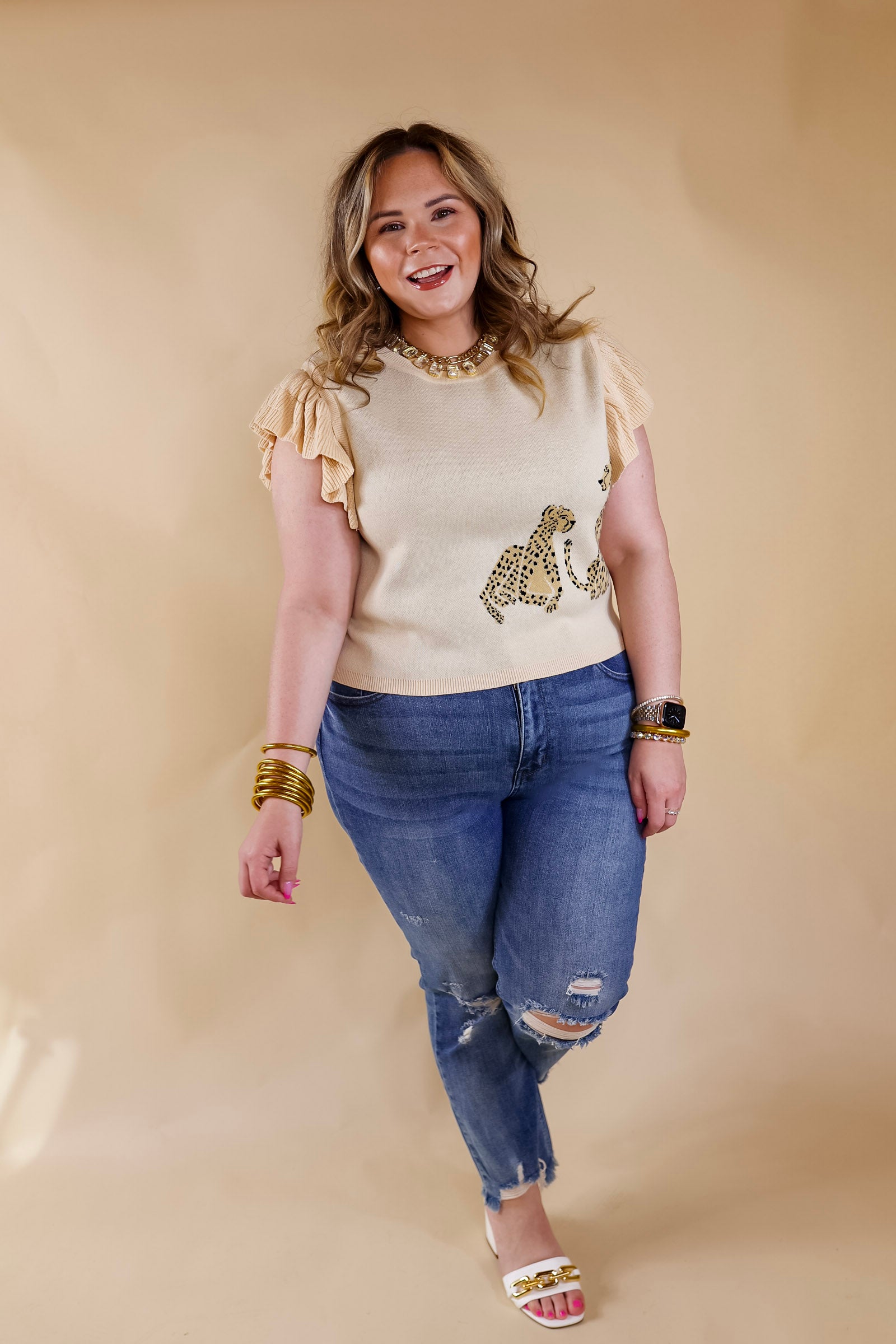 Premium Cheetah Print Ruffle Sleeve Sweater - Beige