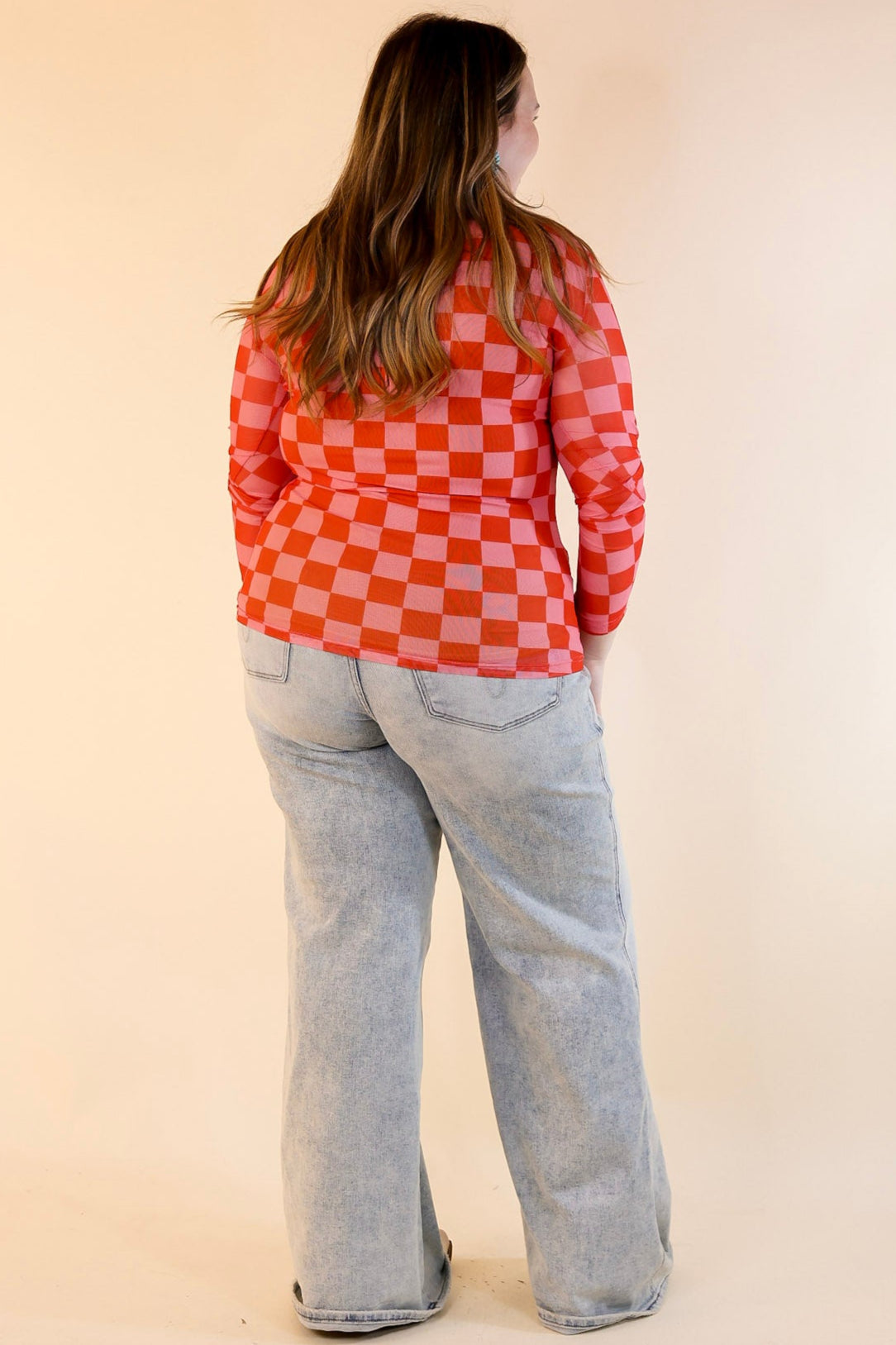 Premium Western Dream Checkered Mesh Long Sleeve Top - Pink & Red