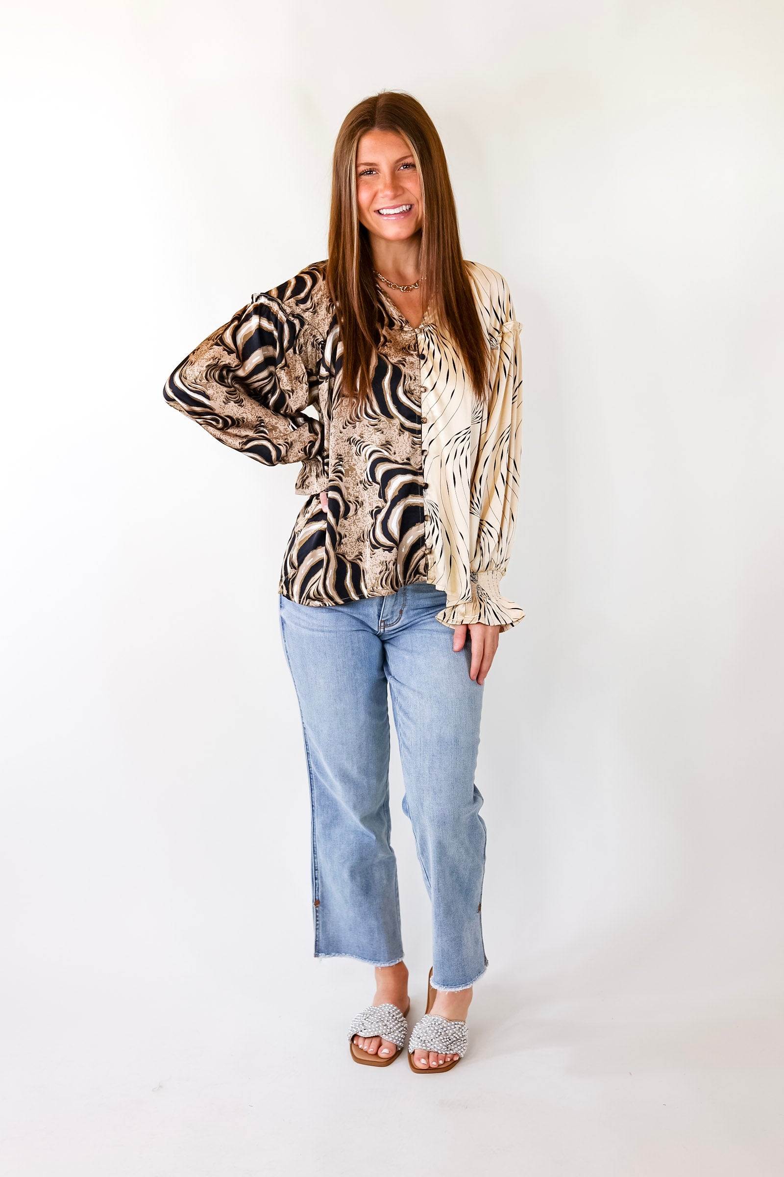 Ultimate Swirl Mix Print Satin Blouse - Ivory, Black, Tan