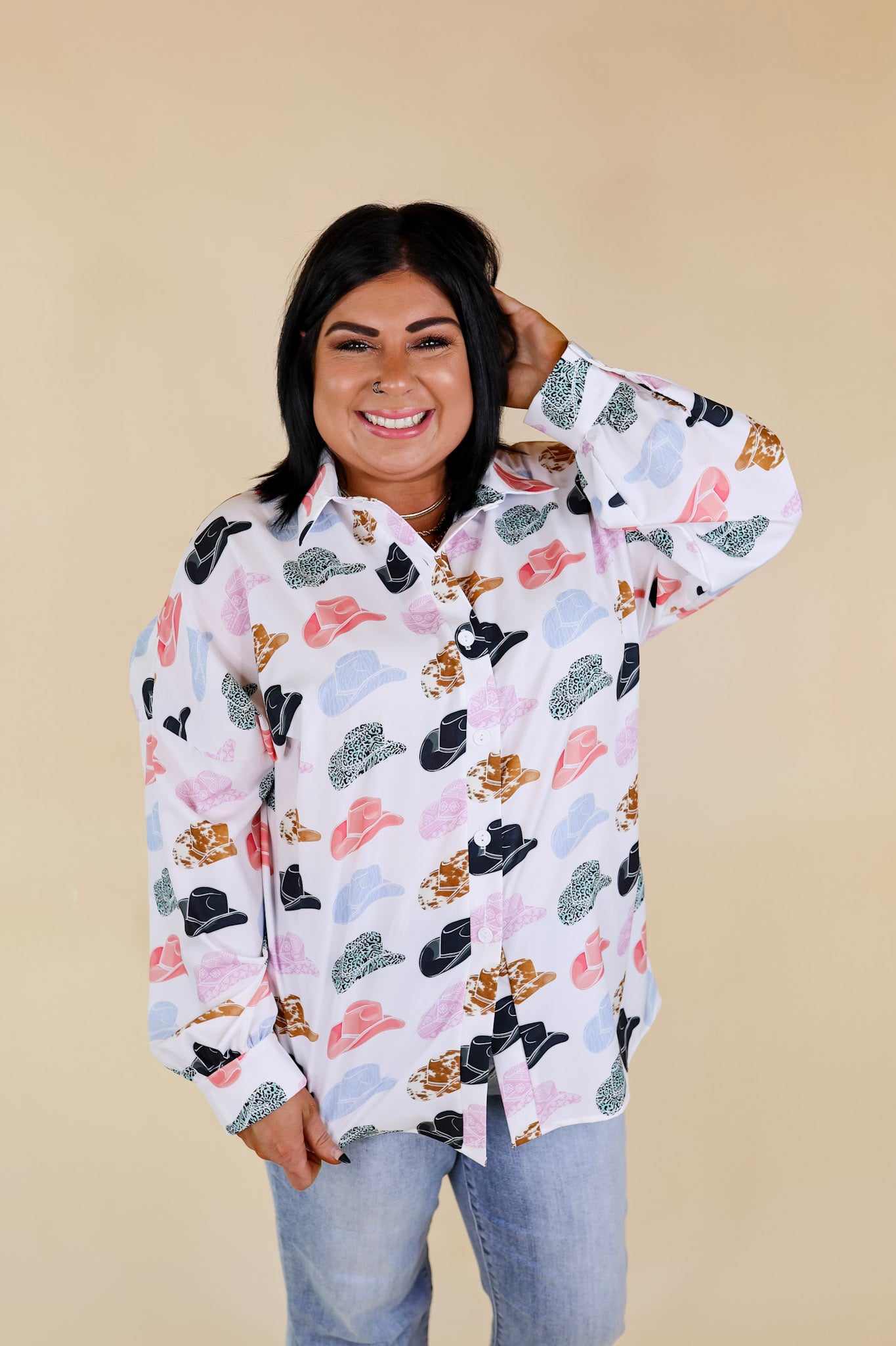 Premium Cowgirl Style Button-Up Top with Multi-Print Cowboy Hats in White