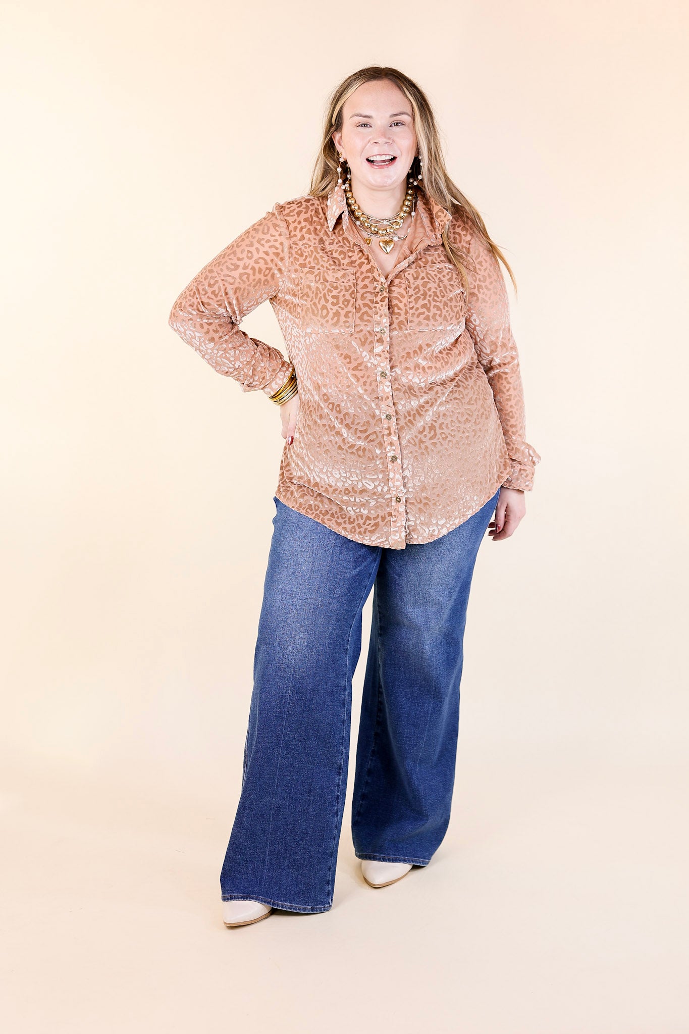 Premium Champagne Velvet Animal Print Blouse - Long Sleeve Button-Up for Evening Elegance