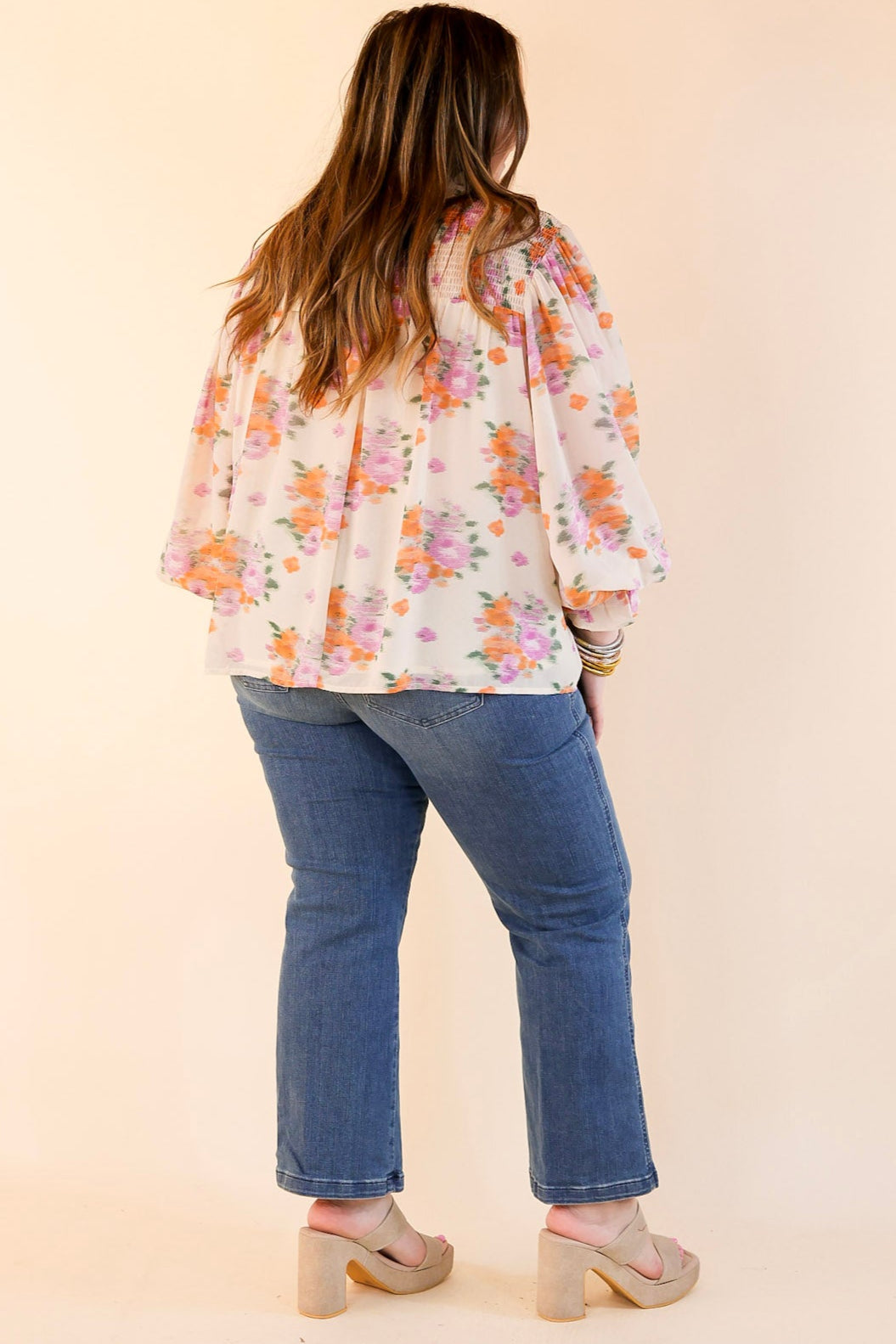Premium Garden Glow Watercolor Floral Blouse - Elegant High Neckline in Ivory