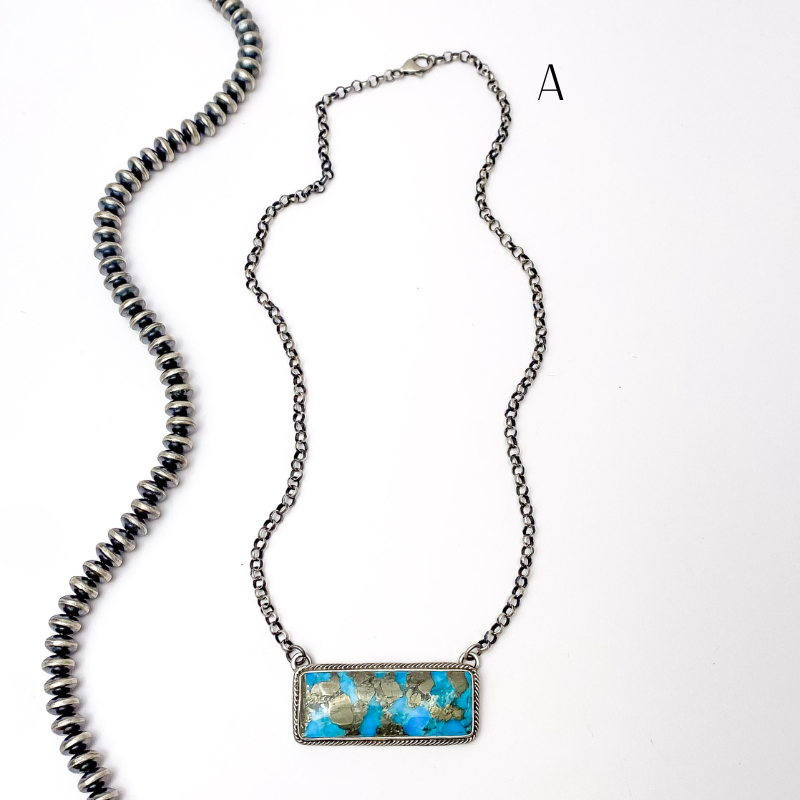 Premium Navajo Handmade Sterling Silver Chain Necklace with Kingman Turquoise Bar by P Yazzie