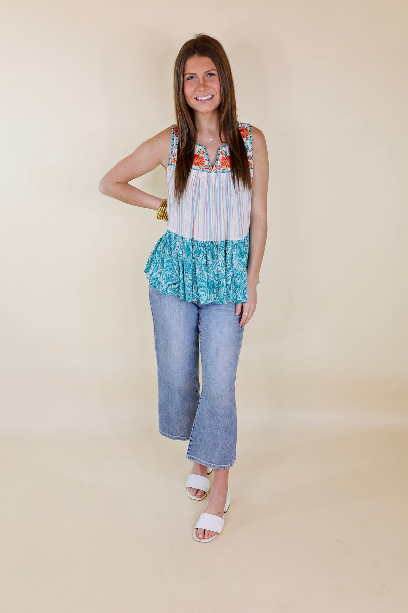 Premium Turquoise Floral Embroidery Tank Top - Coastal Caravan Design