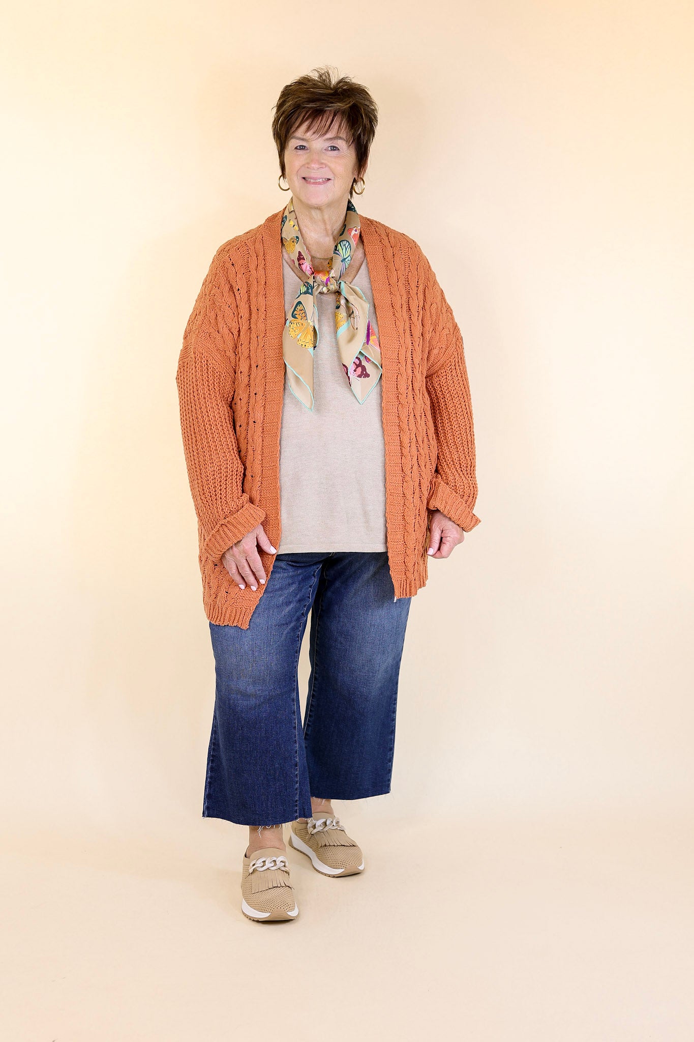 Premium On My Level Chenille Cable Knit Cardigan - Canyon Clay Orange