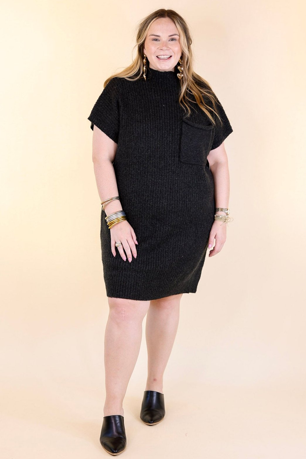 Premium City Sights Cap Sleeve Sweater Dress - Ultimate Charcoal Black