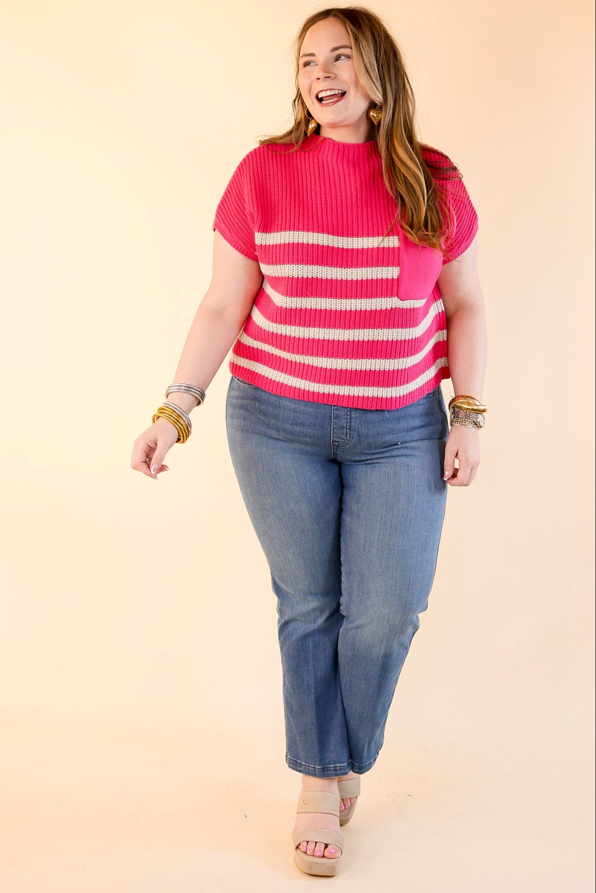 Premium Striped Cap Sleeve Sweater - Hot Pink | Ultimate Comfort & Style