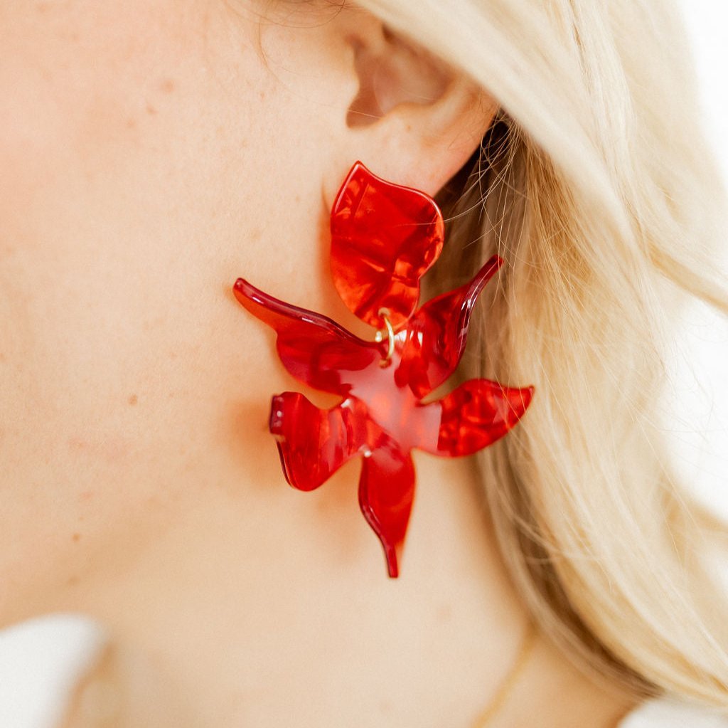 Linny Co | Premium Flora Drop Earrings in Pearlized Red | Ultimate Statement Jewelry