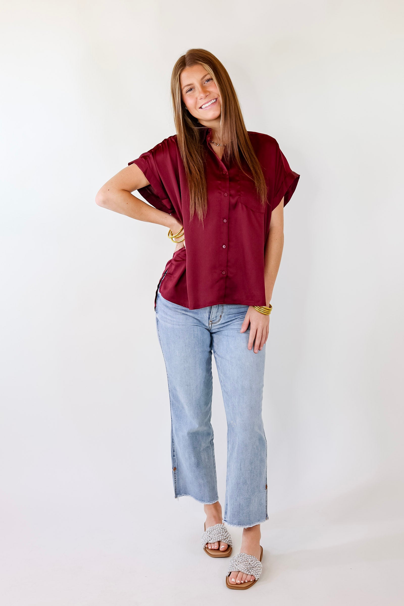 Premium Maroon Button-Up Short Sleeve Top - Free To Be Fab