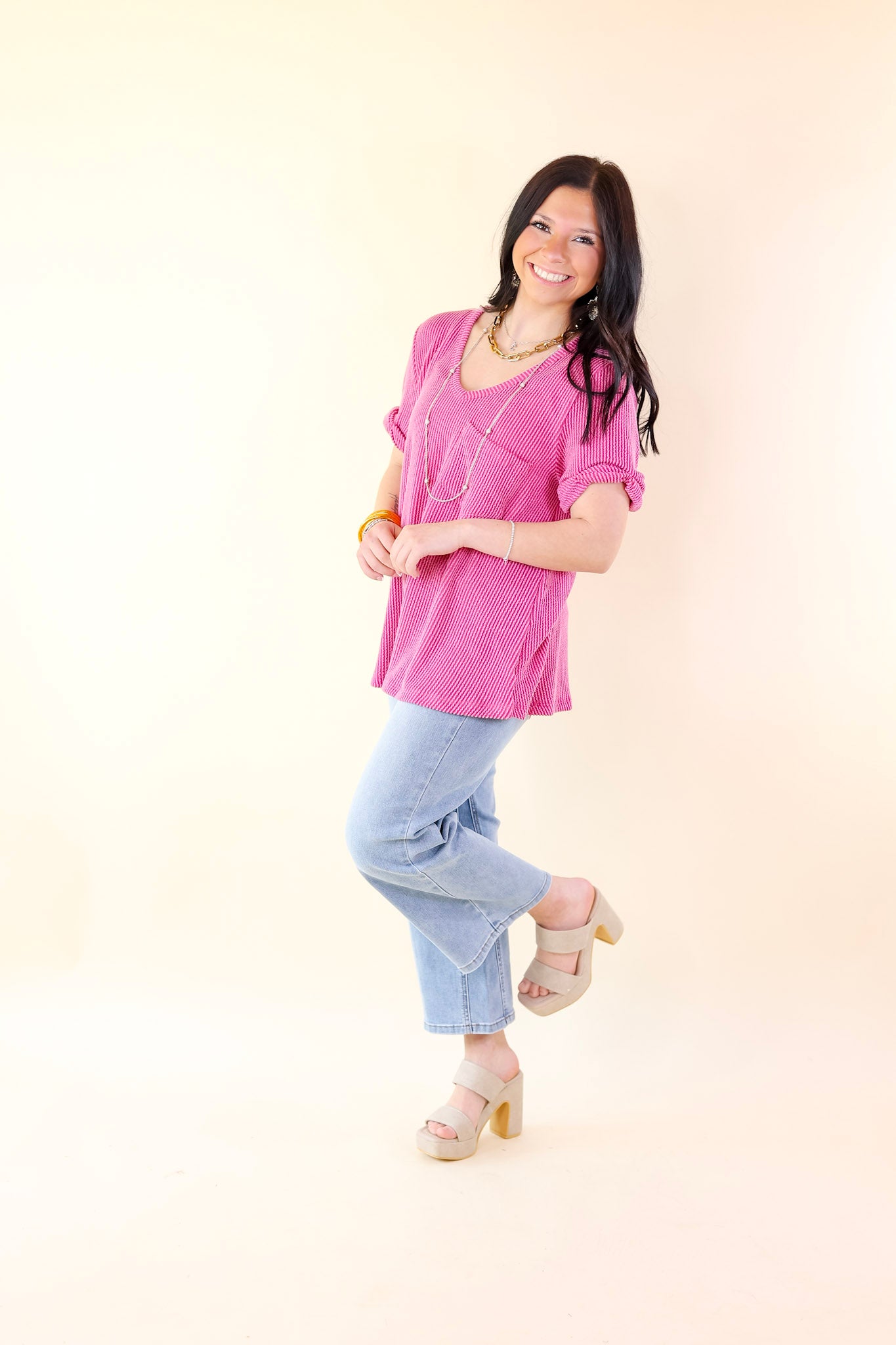 Ultimate Comfort Ribbed Short Sleeve Top with Front Pocket - Orchid Pink