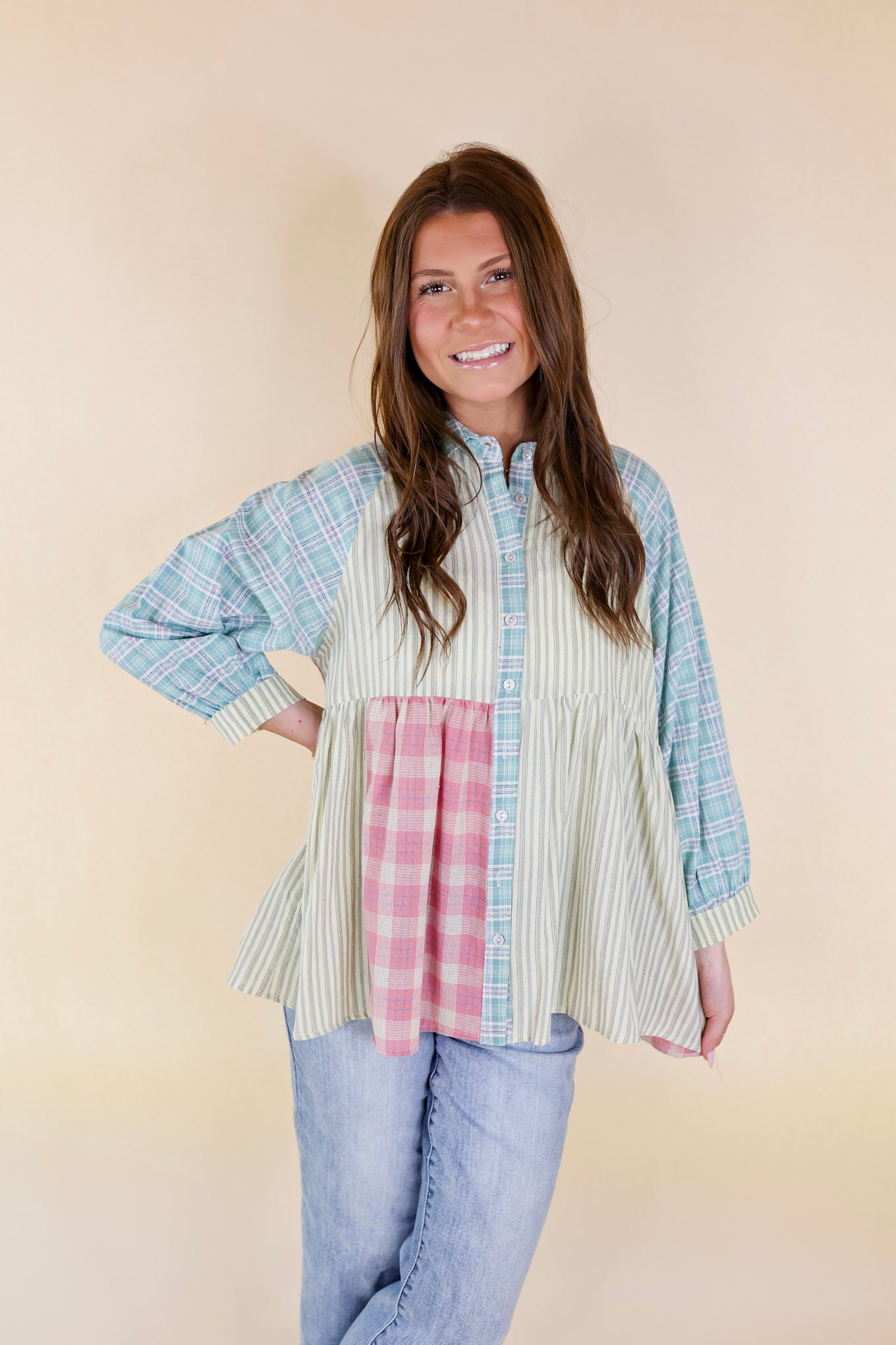 Premium Island Adventure Button-Up Babydoll Top in Green Mix Print