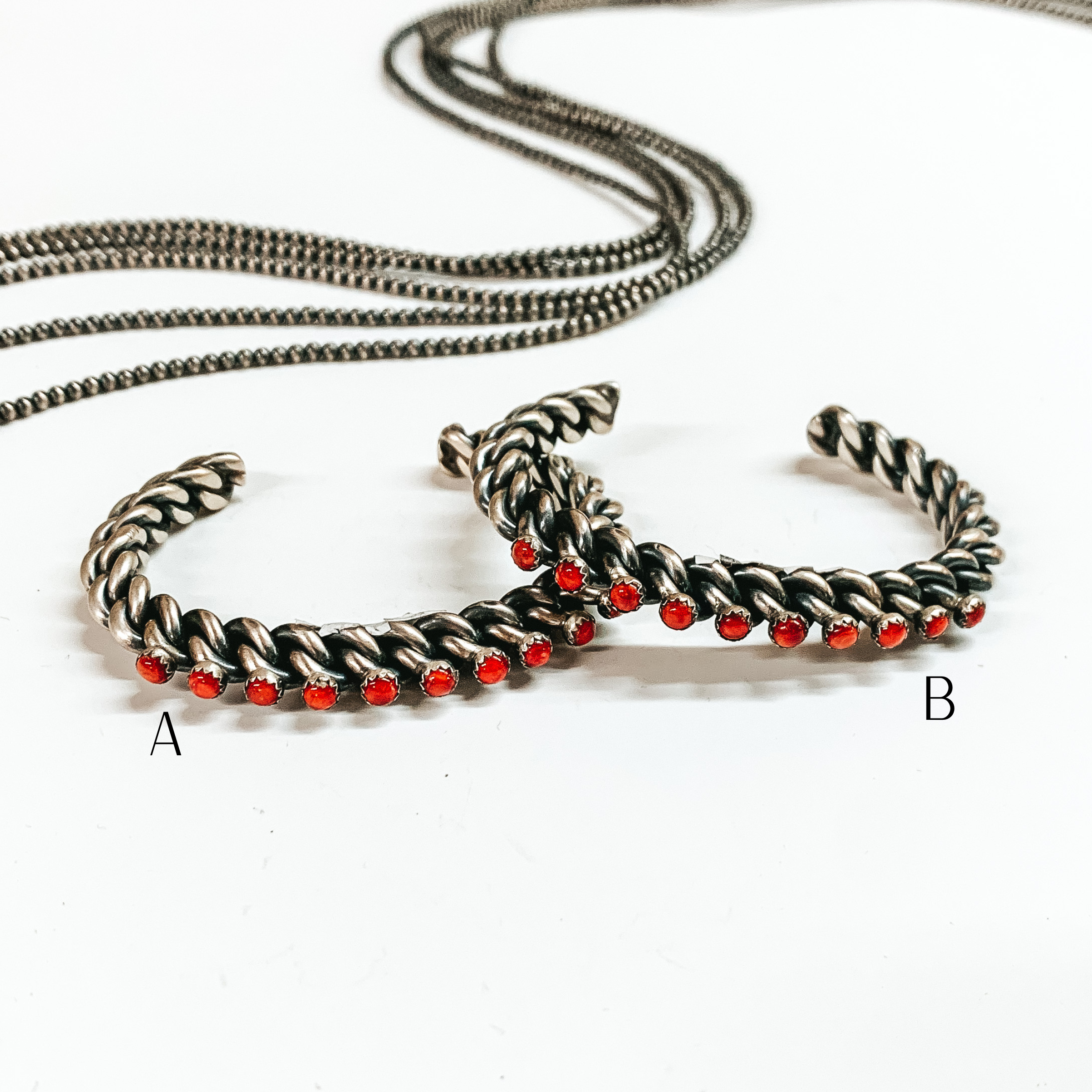 Premium Navajo Handmade Sterling Silver Cuff Bracelet with Red Coral Stones