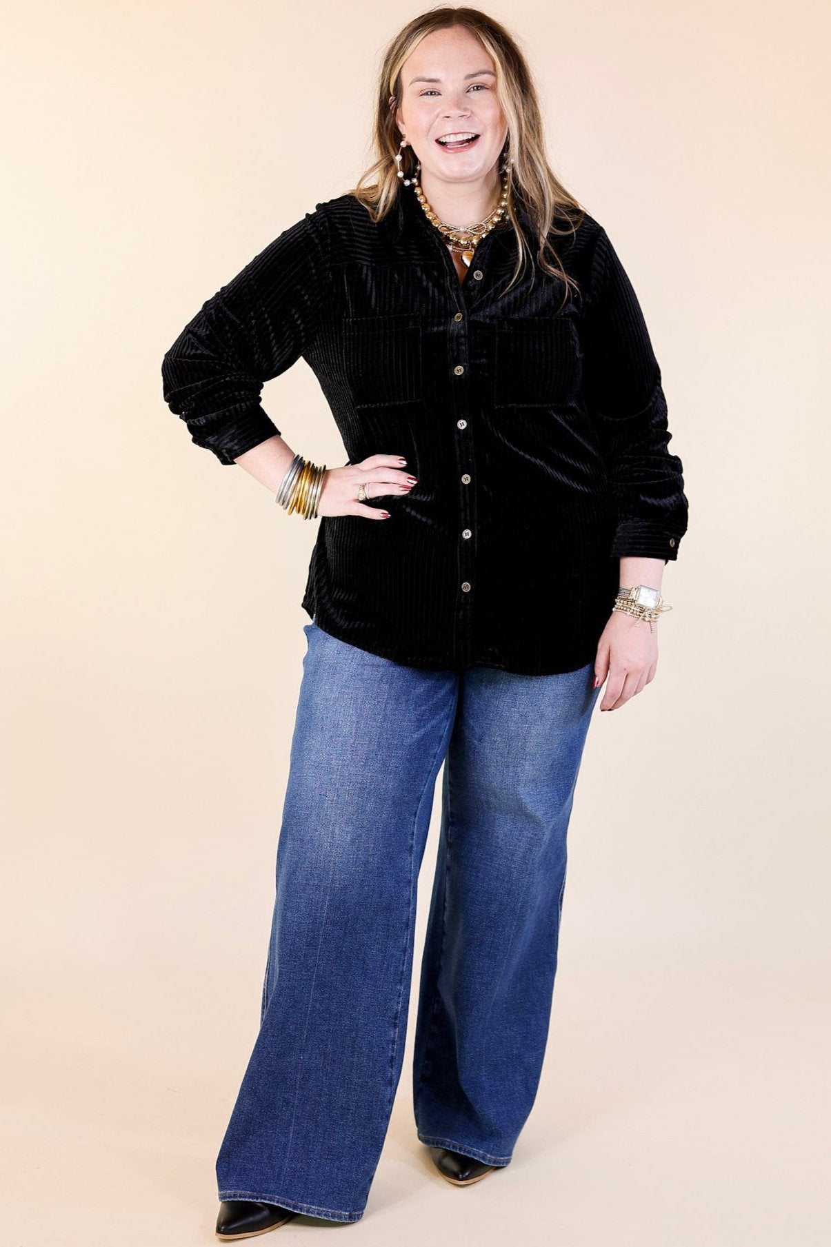 Premium Velvet Luxe Striped Button-Up Top - Black